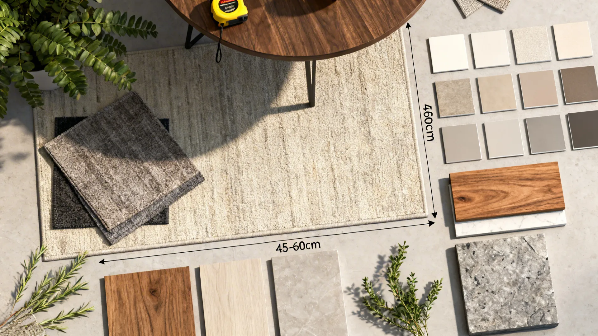 Material and color flatlay with tape measure showing 45–60cm clearance and rug samples