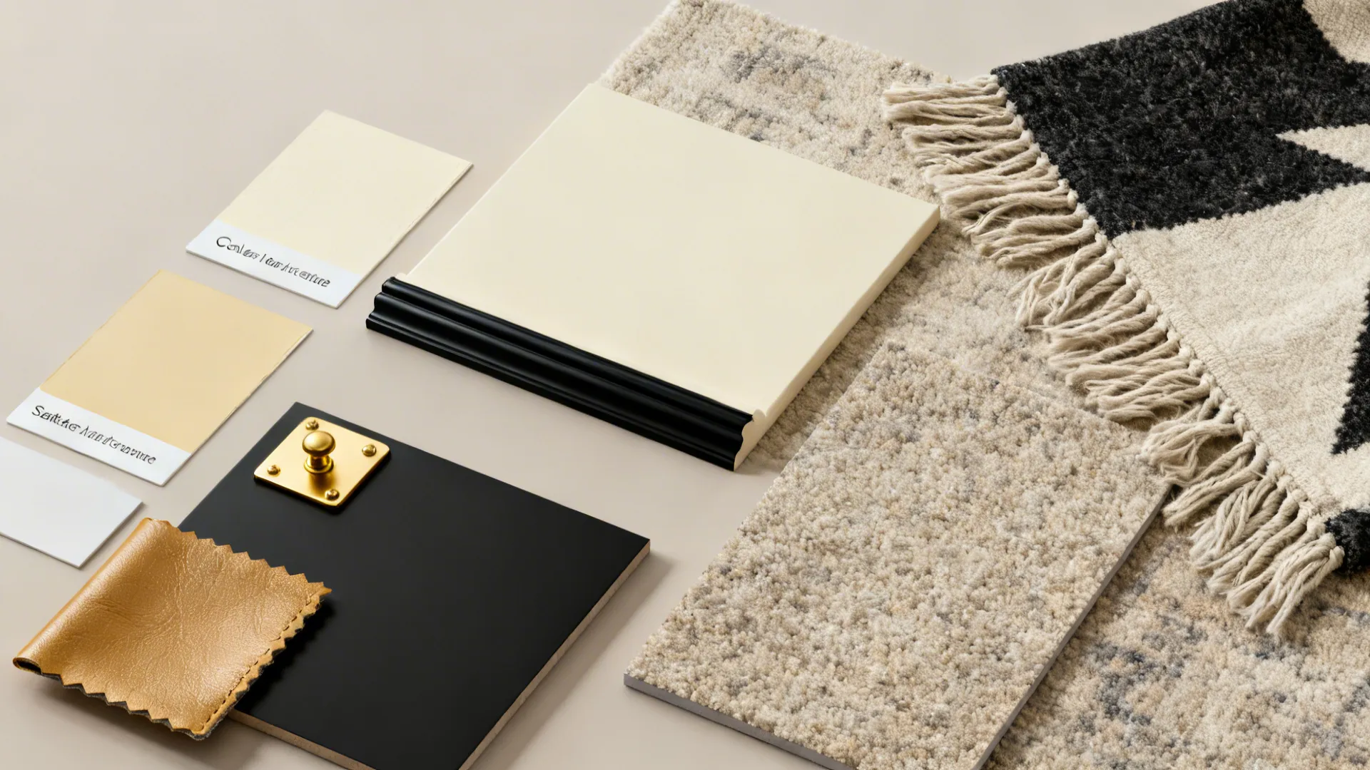 Flatlay of paint swatches, metal plate and textile samples for a cream, black and gold palette.