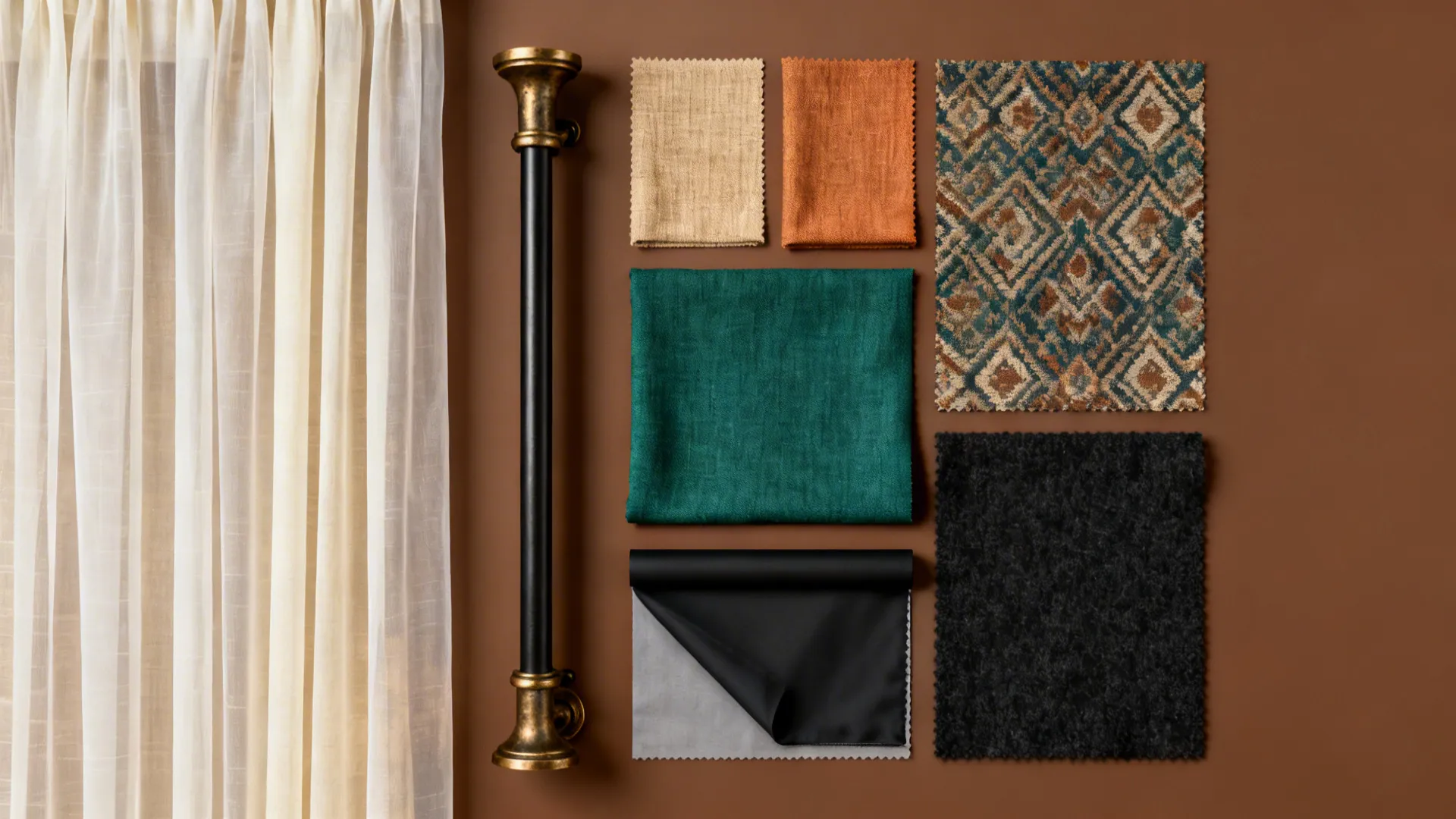 Flatlay of curtain fabric swatches and hardware samples for brown living room choices.