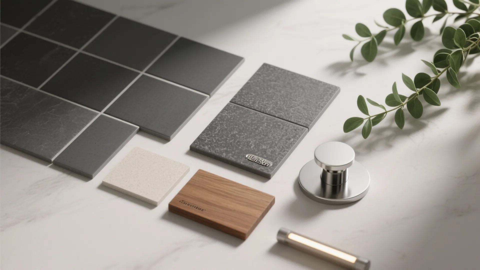 Flatlay of dark grey tile sample, light grout, oak wood sample, chrome fixture and LED strip.