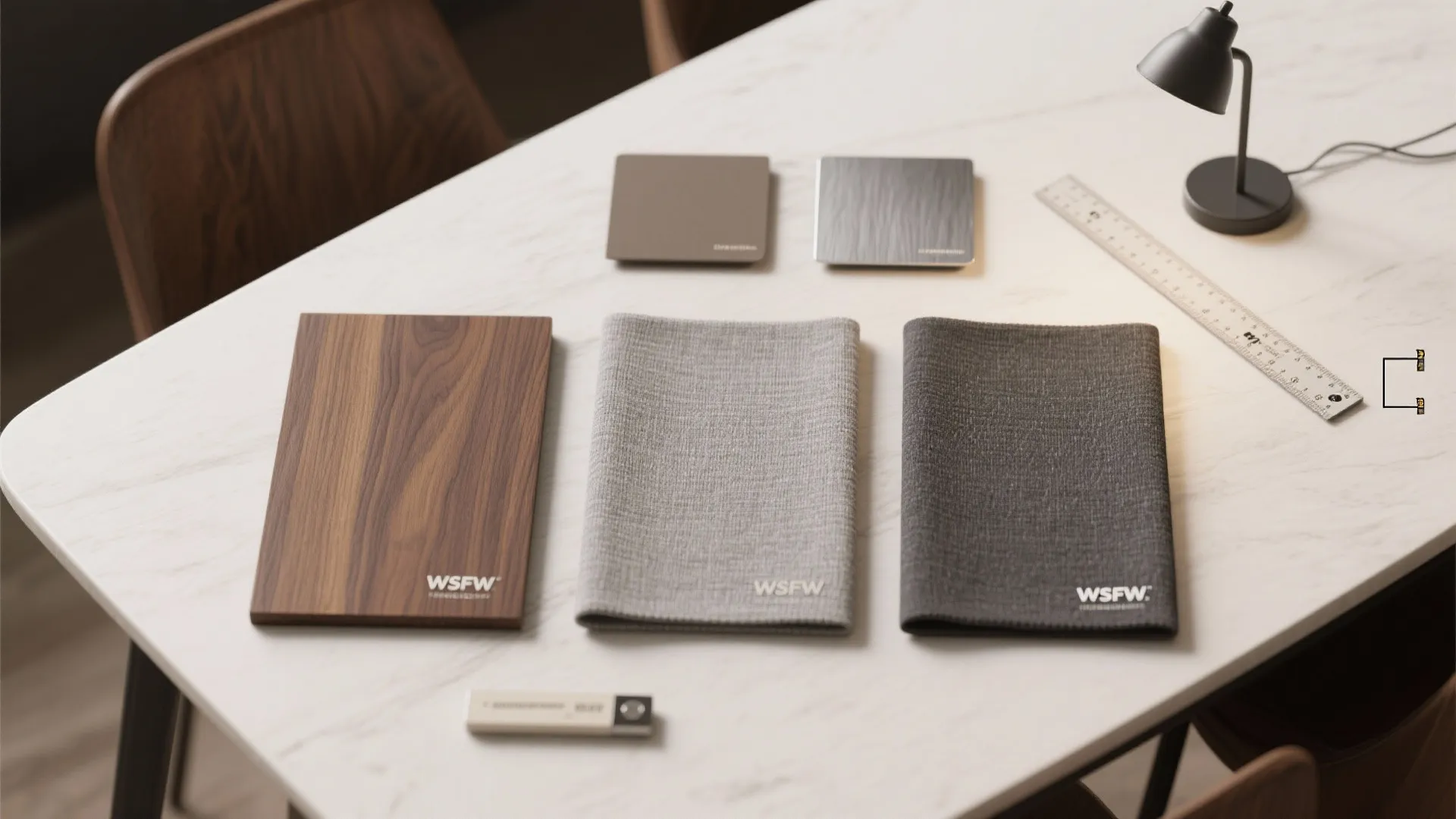 Interior design material samples including wood and fabric on a white marble table with ruler