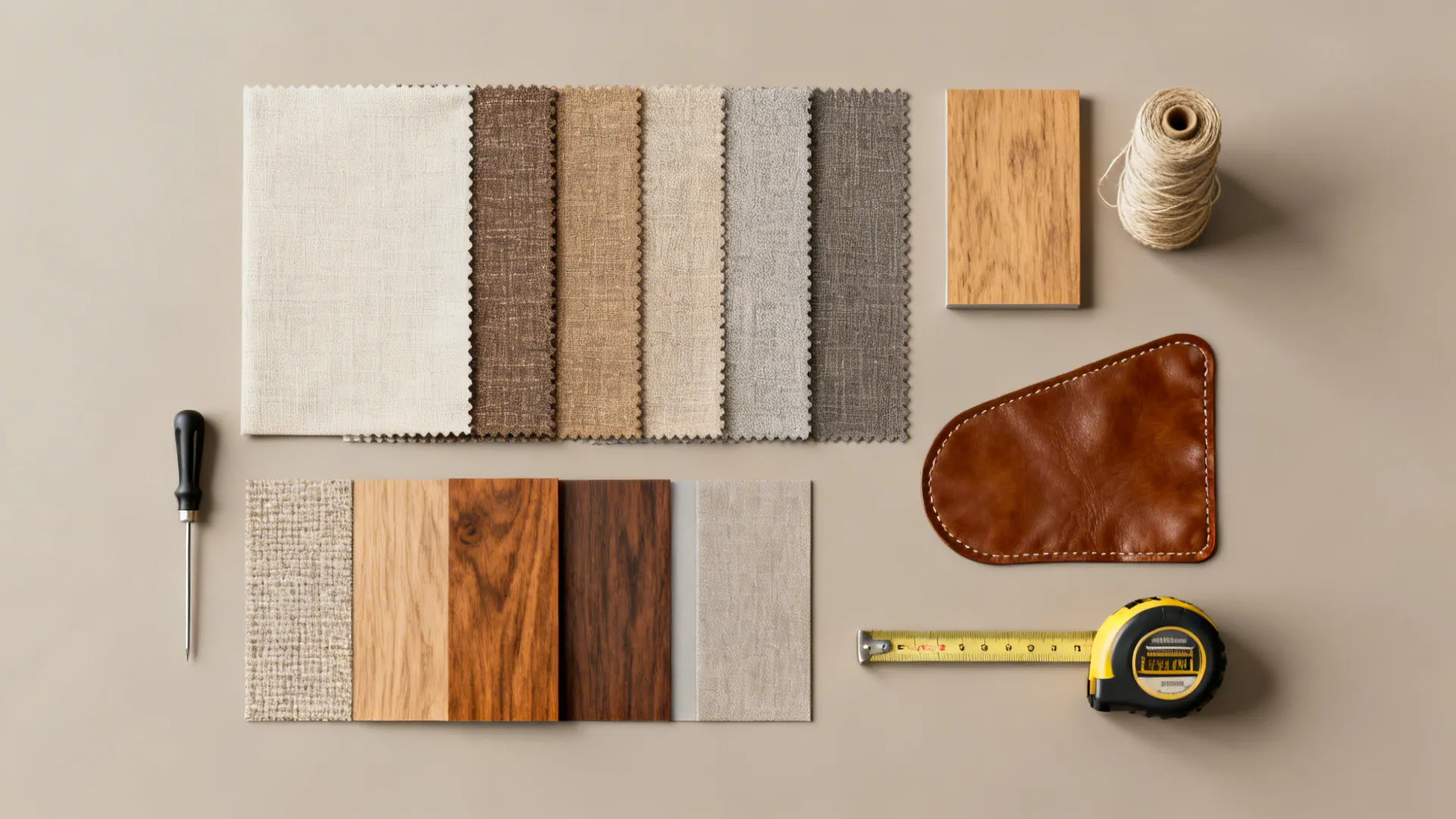 Flatlay of fabric swatches, wood samples, and upholstery tools for durable accent chair options