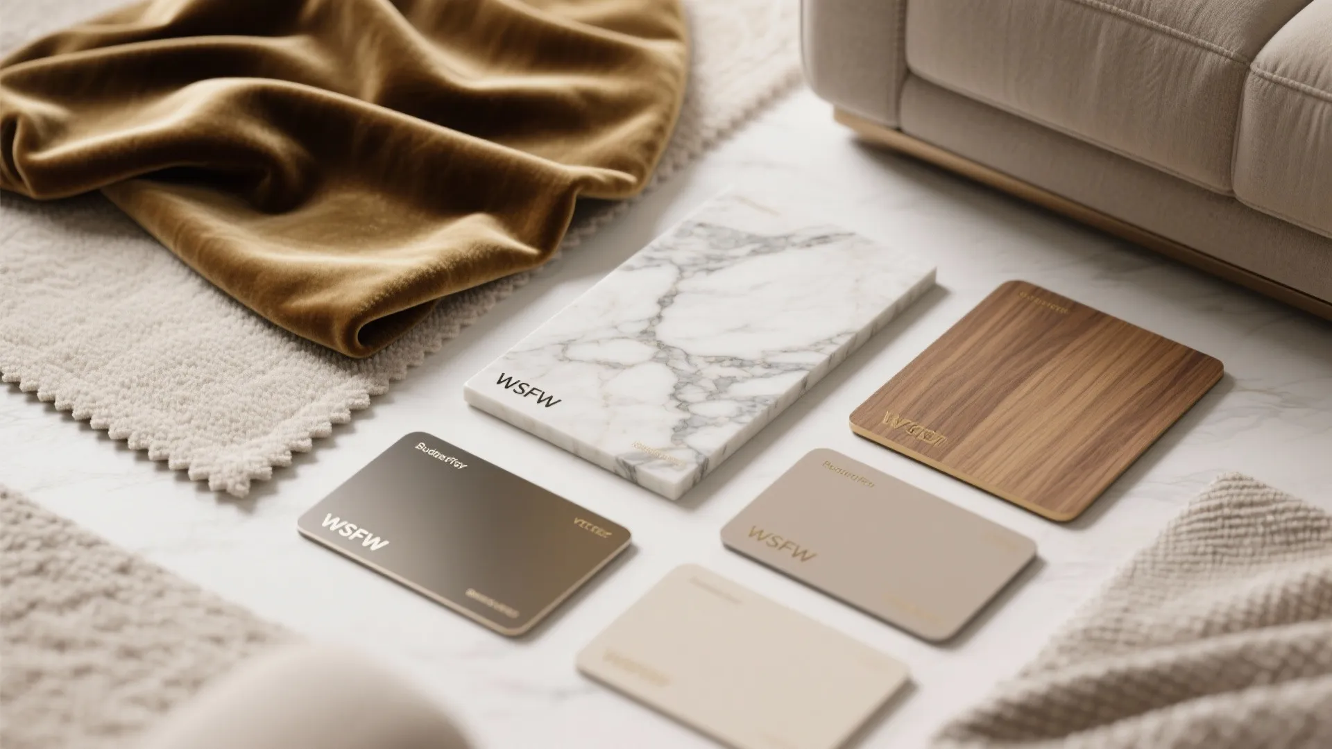 Interior design material samples including marble wood brown fabric and neutral color tiles on floor