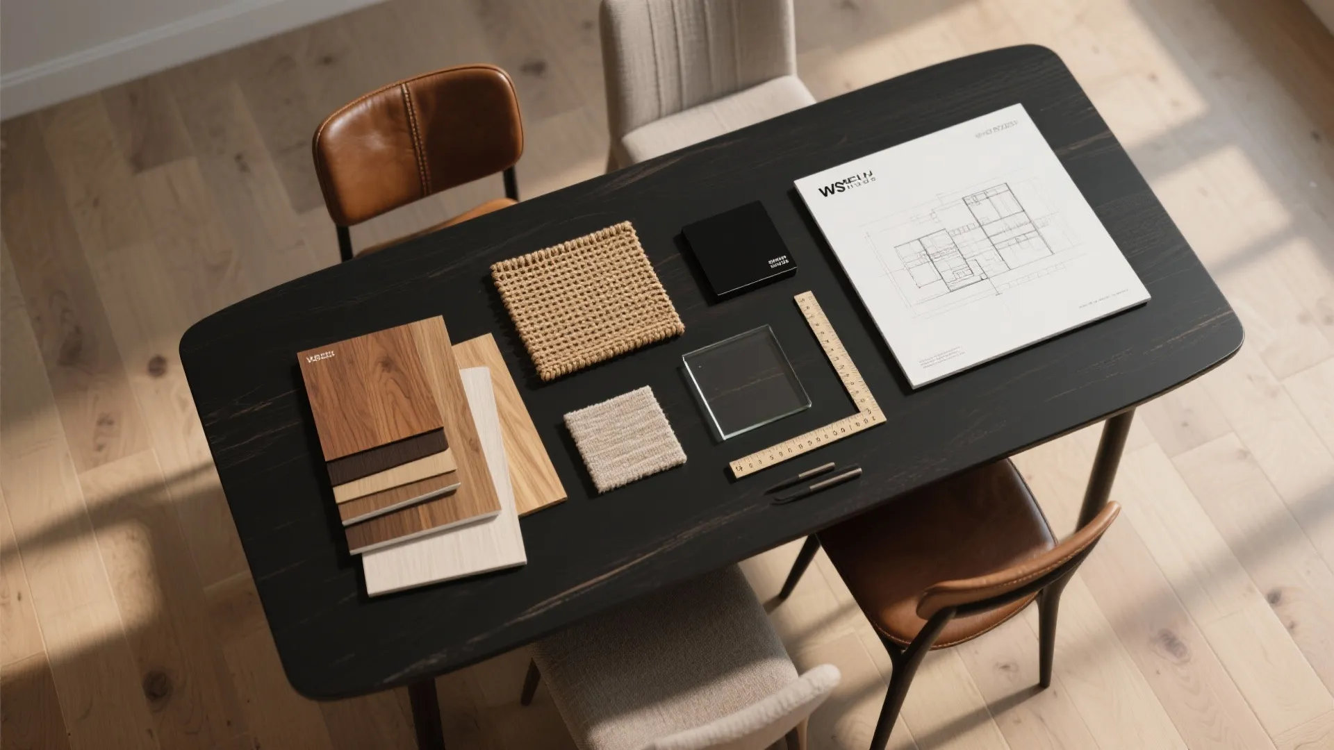 Flatlay of material samples and swatches for styling a black dining table with warm wood and upholstery options.