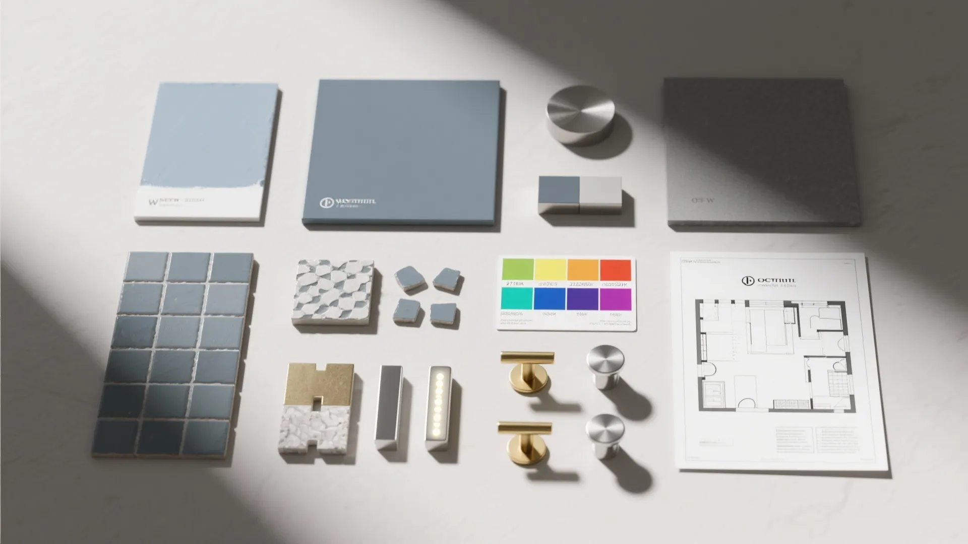 Flatlay of gray-blue paint and tile samples, hardware finishes and lighting swatches for bathroom planning