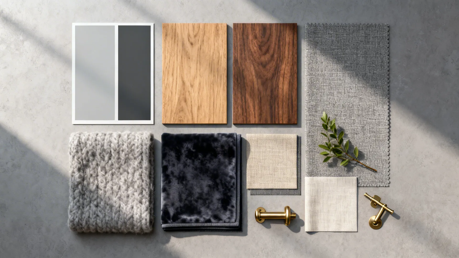 Flatlay of paint swatches, wood and fabric samples, brass hardware and plant for grey palette selection