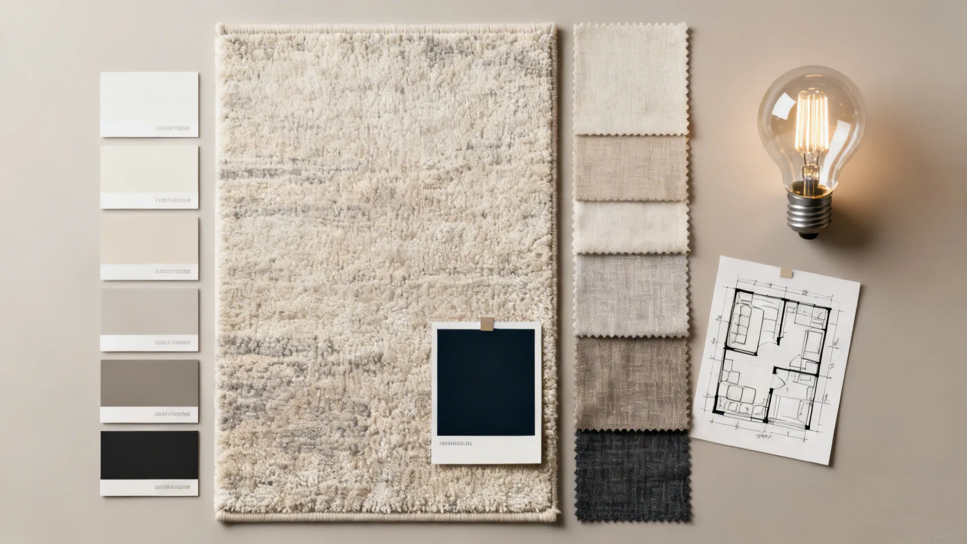 Flatlay of rug swatches, paint chips, fabrics, and a mini layout sketch for small living room planning.