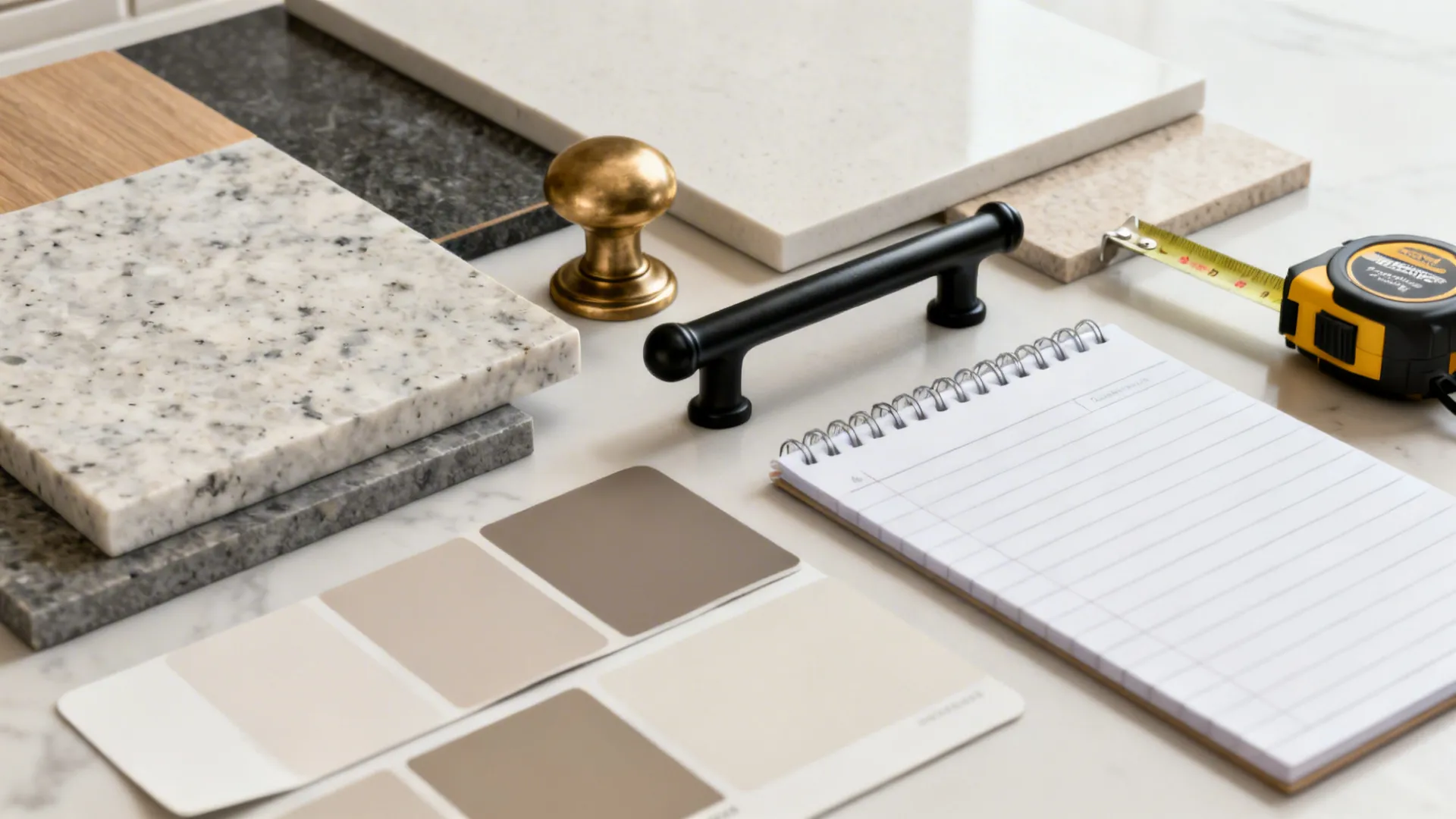 Flatlay of countertop samples, hardware, paint chips and budget notepad for kitchen planning.