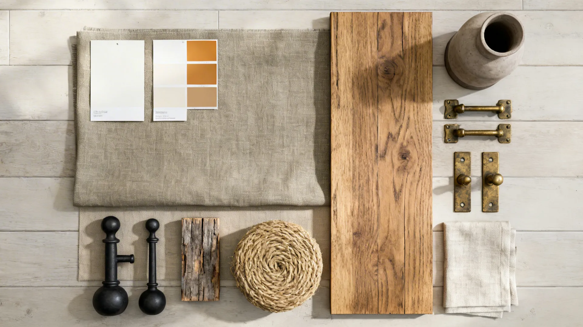 Flatlay of neutral fabric and material swatches for a farmhouse living room palette.