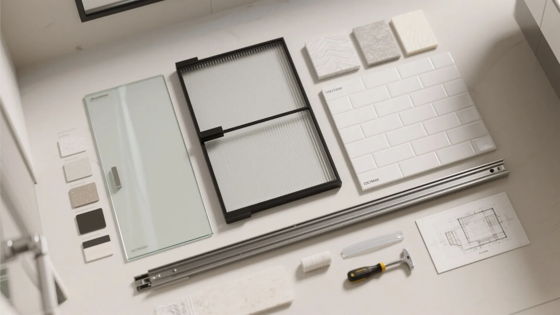 Material flatlay showing glass samples, black frame, sliding track, tile swatches and seal options.