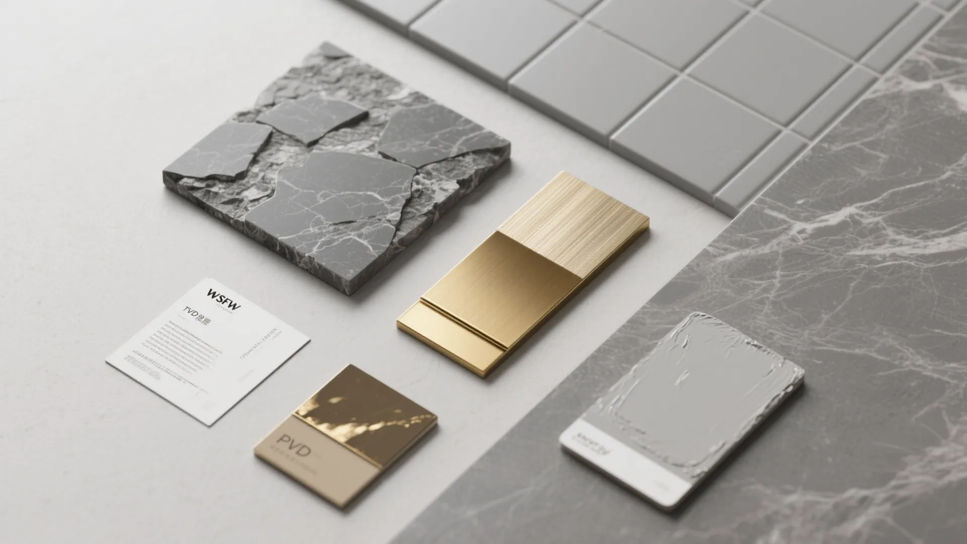 Flatlay of gray and gold material samples including tile, marble, and metal finish swatches.