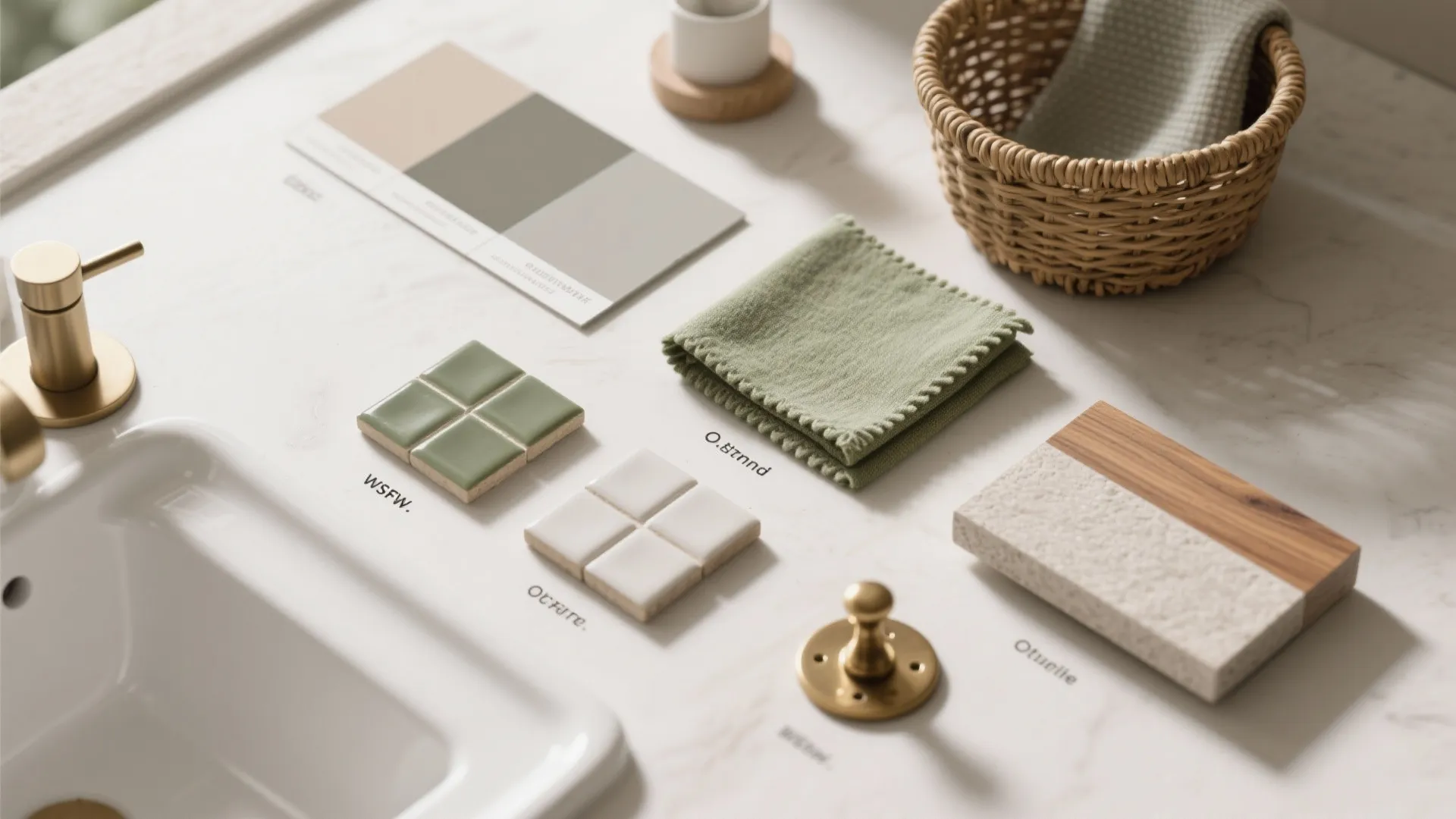 Interior design materials including green tiles fabric samples wood block and gold hardware on marble
