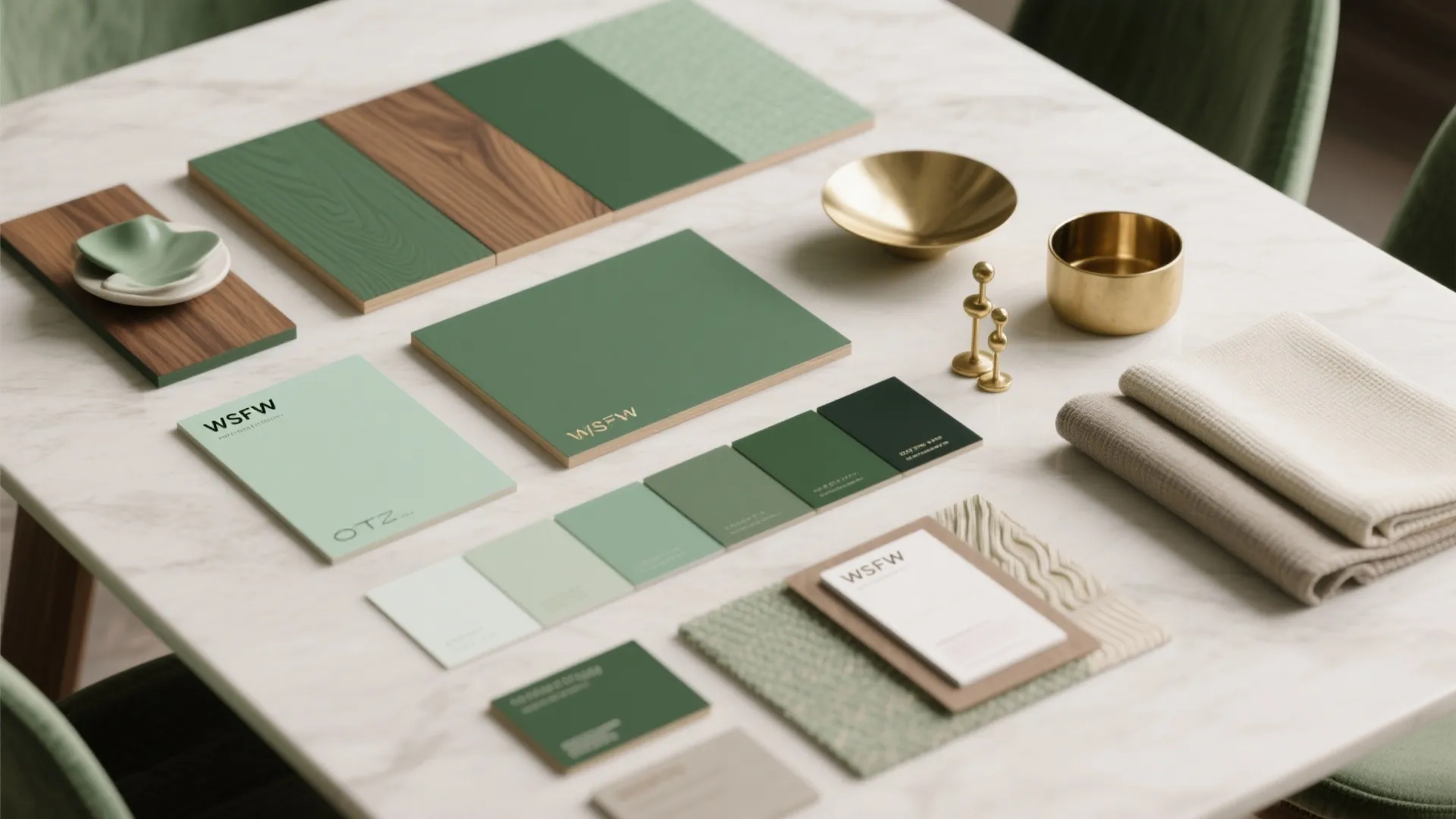 Flatlay of green paint swatches, wood veneers, brass accents and linen fabric samples