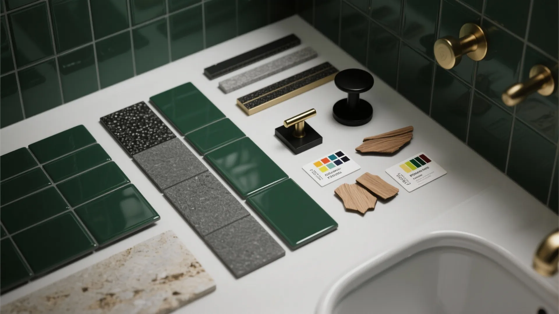 Interior design materials including green tiles stone samples and gold hardware on a white surface