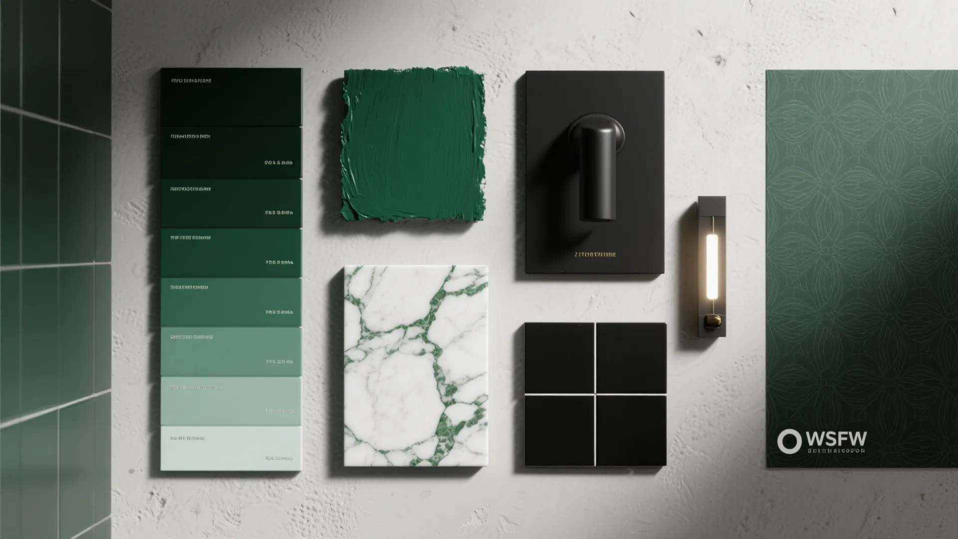 Interior design mood board with green color samples white marble tile black fixtures and wallpaper