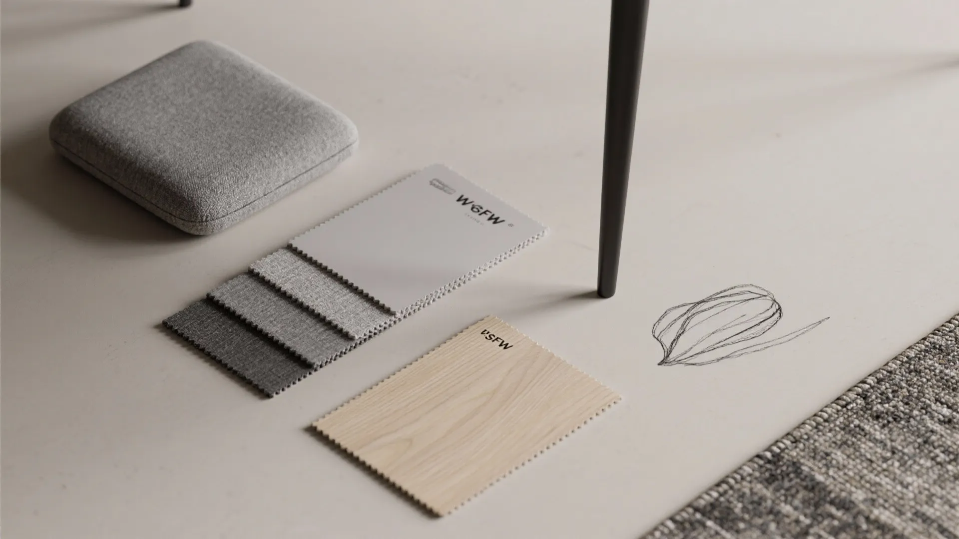 Interior design material flat lay with grey fabric swatches light wood sample and soft cushion