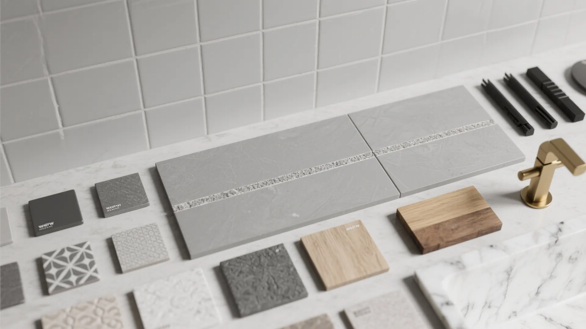 Interior design material samples including grey tiles wood pieces and marble on a white surface