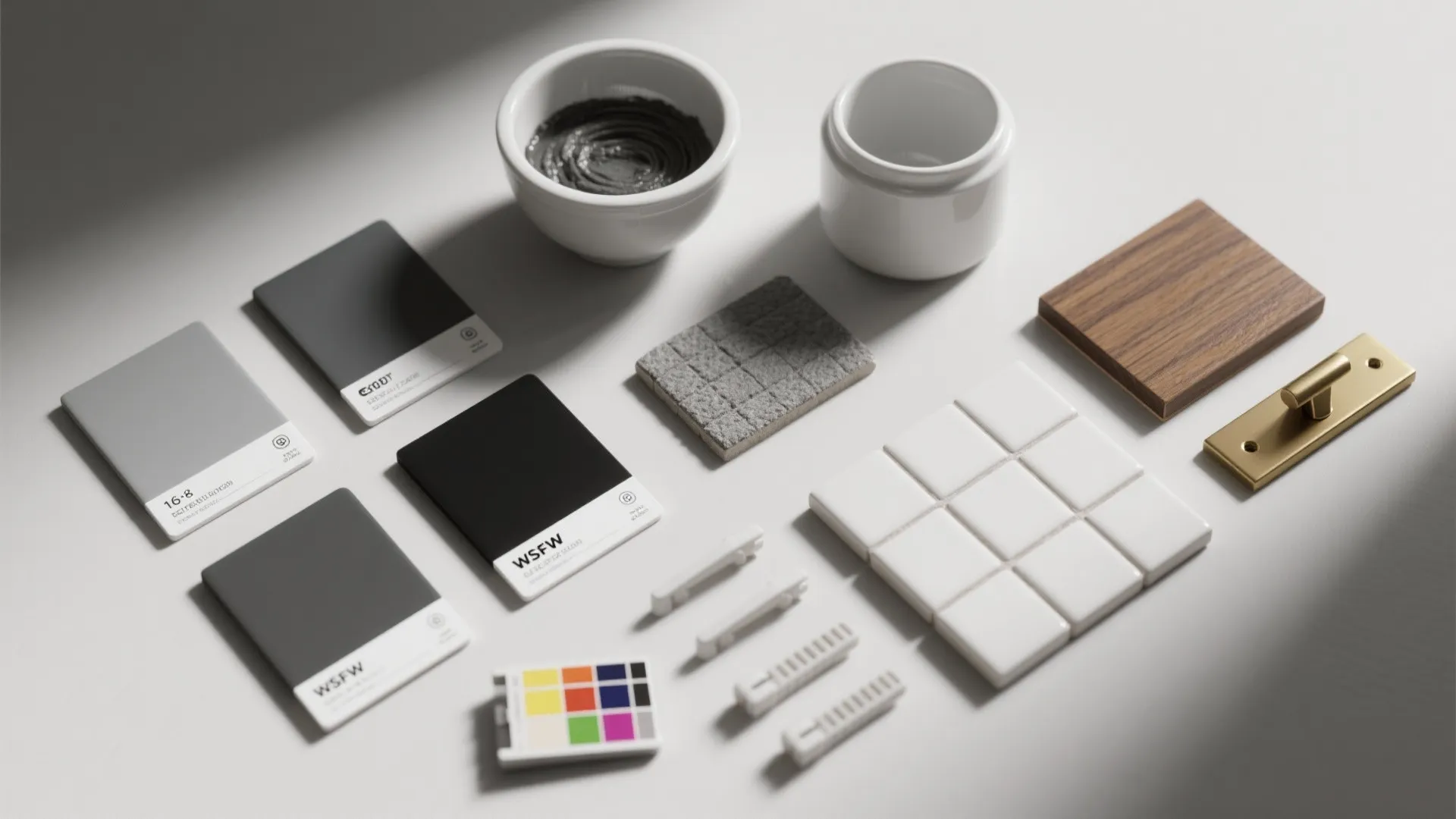 Flatlay of grout swatches, epoxy grout tub, tile samples and hardware for bathroom renovation planning