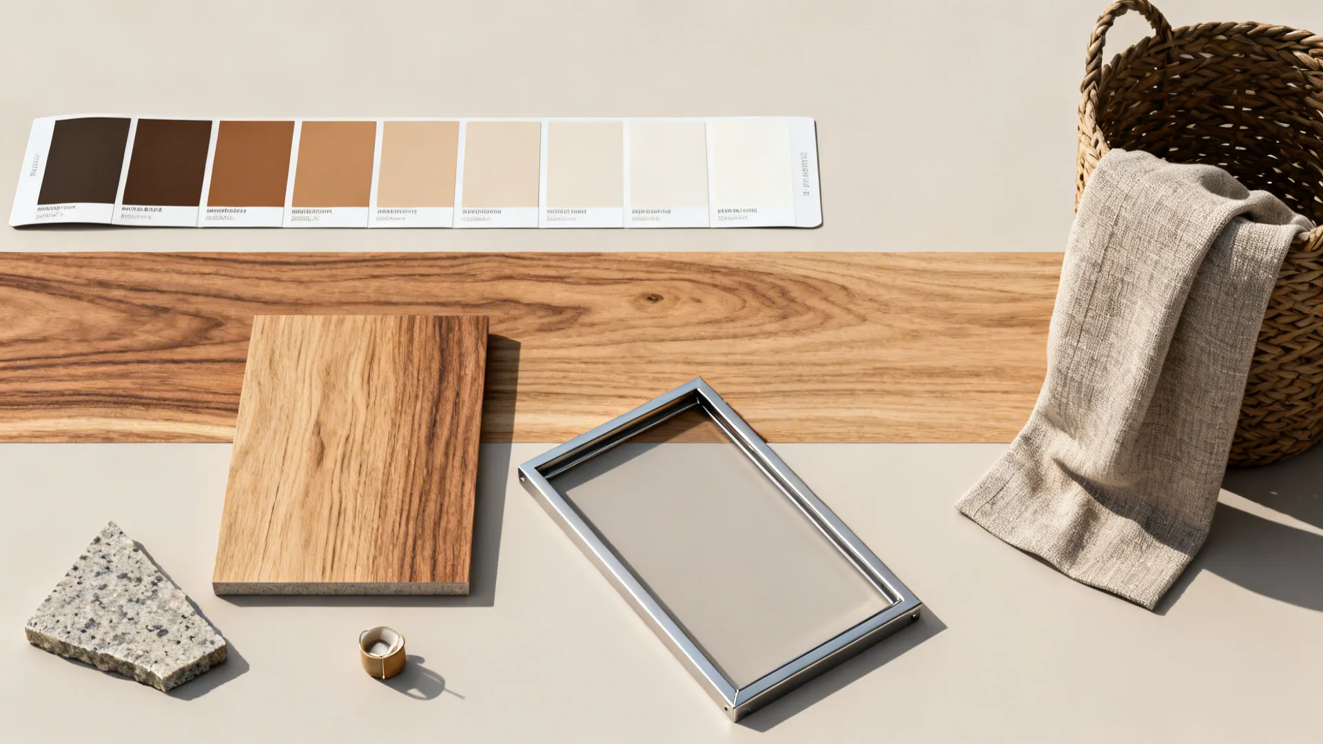Material flatlay showing coordinated paint, wood, stone and textile samples for half wall and island accents.