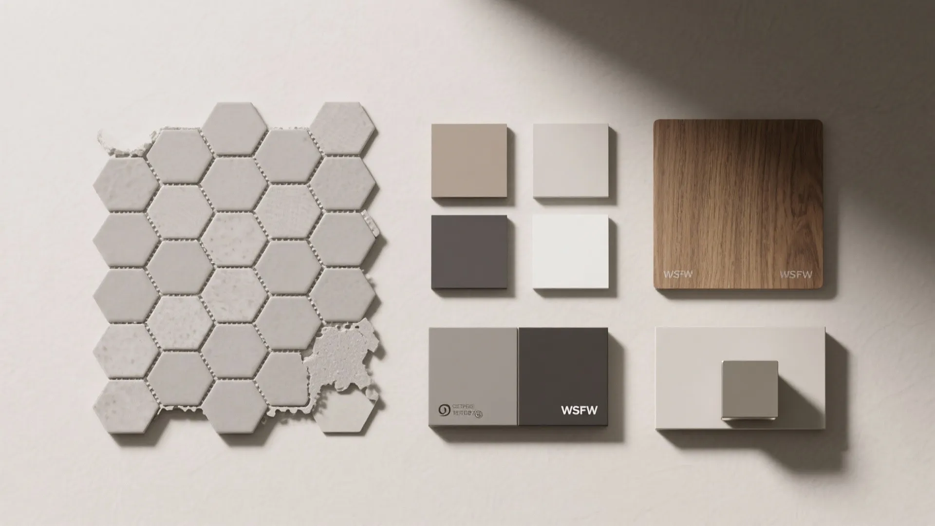 Interior design material board with grey hexagonal tiles wooden sample and various neutral color samples