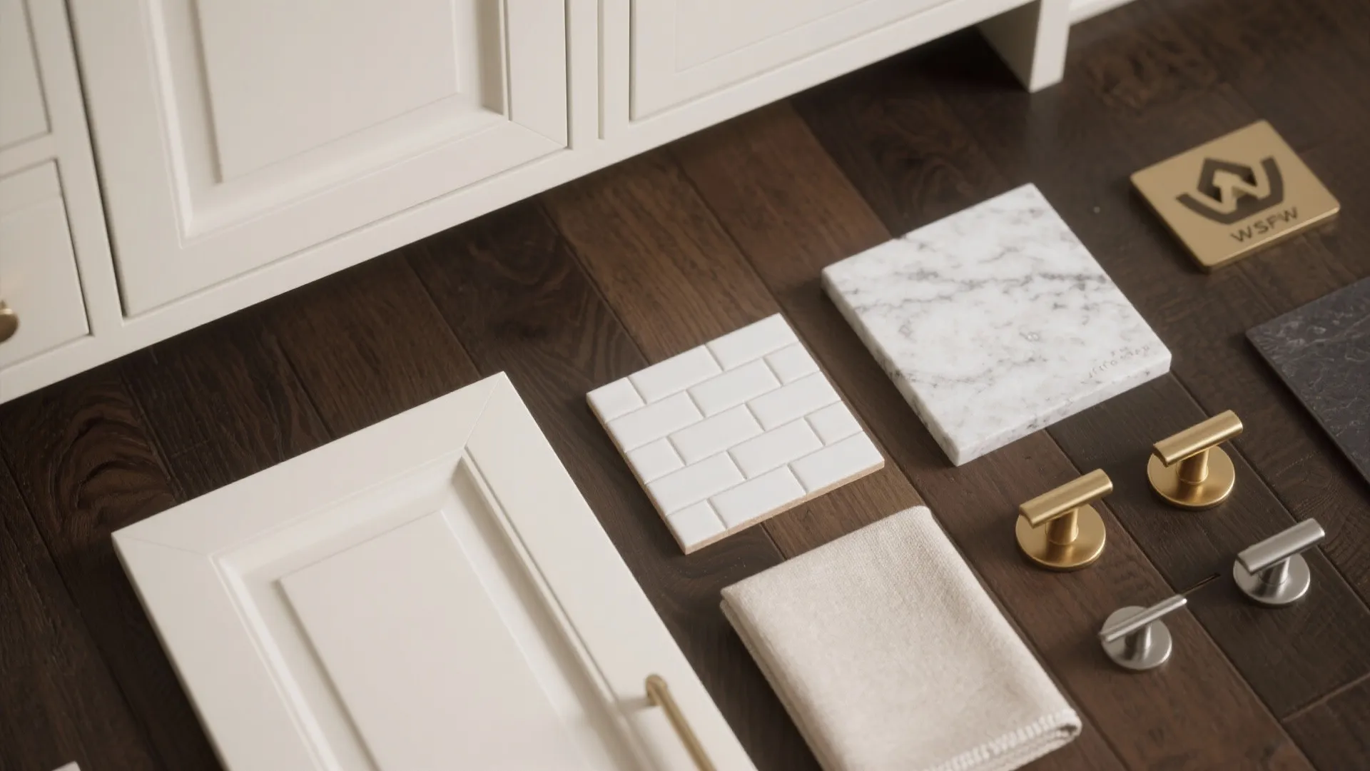 Flatlay of warm white, dark wood, honed stone, subway tile and mixed metal hardware samples