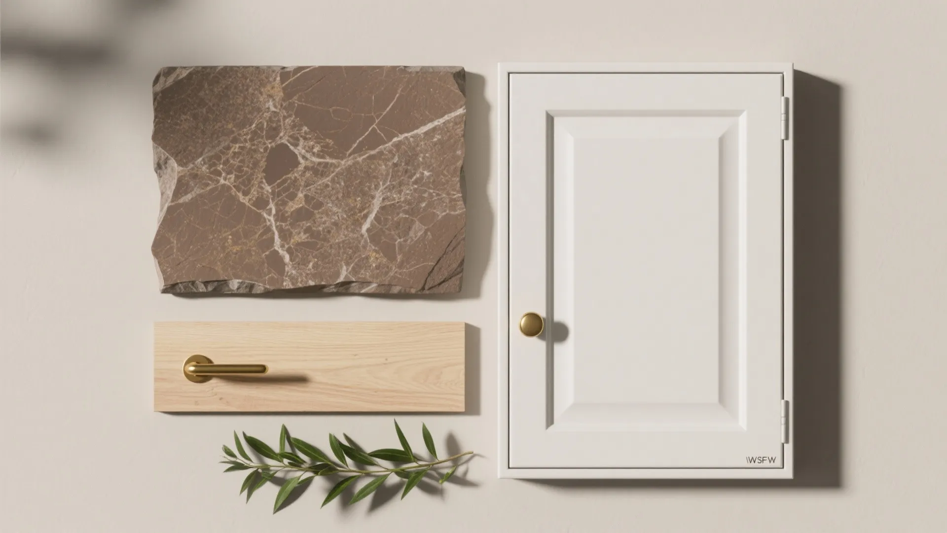 Kitchen material flatlay with white cabinet door brown stone slab wood plank and gold door handle
