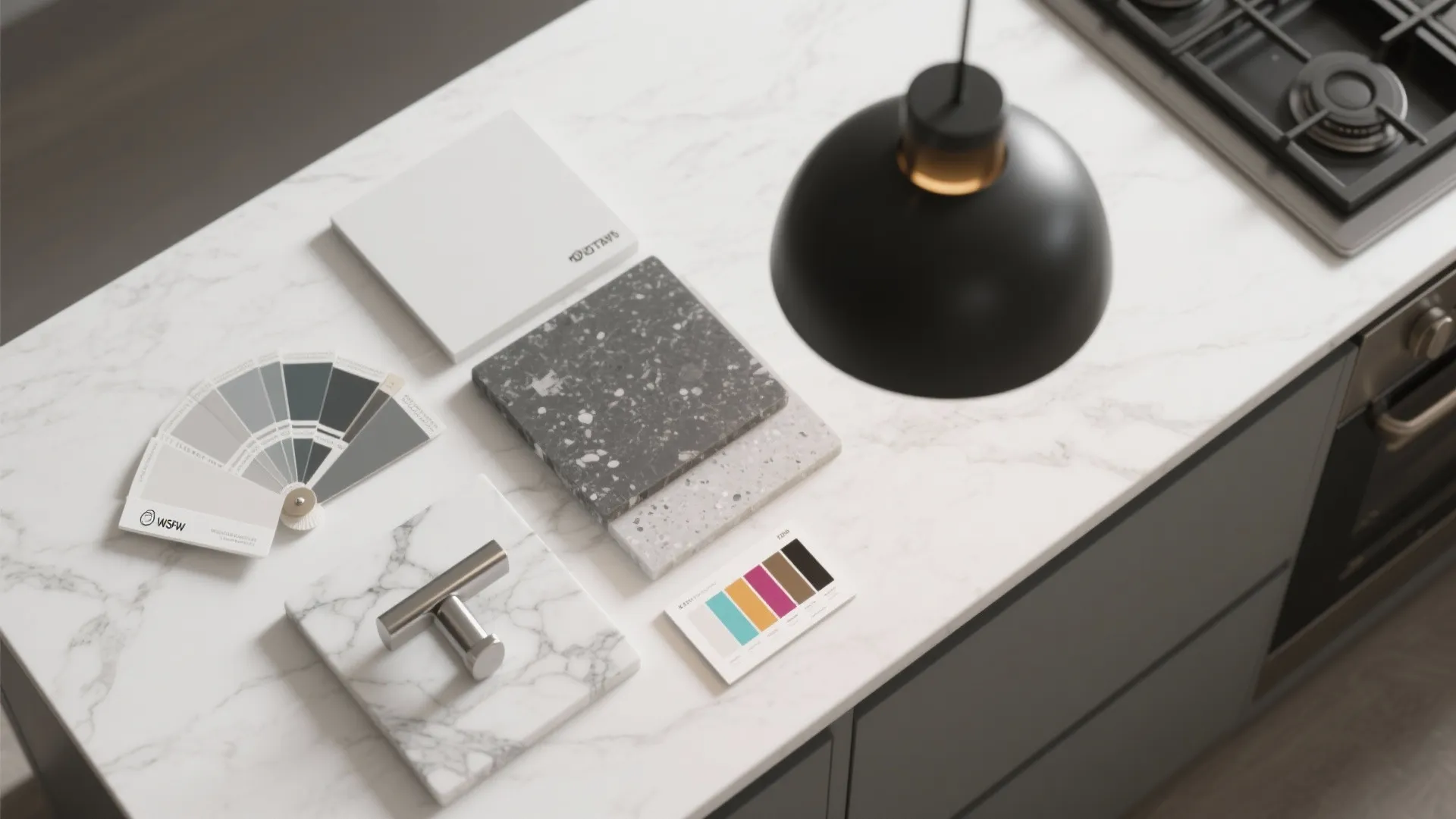 Kitchen material samples on marble counter with stone tiles color palette handle and black light fixture