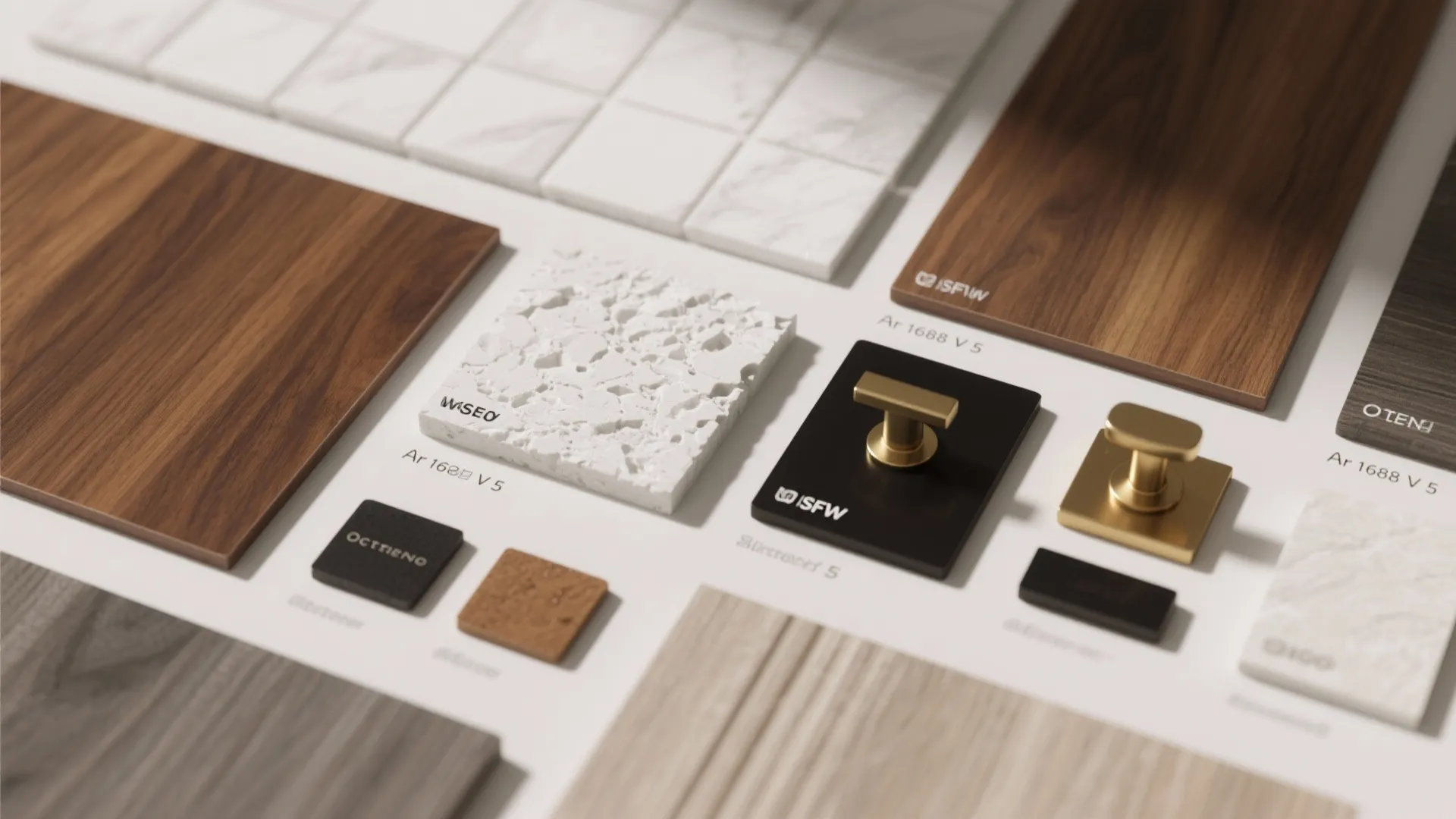 Material flatlay with walnut, espresso, white quartz, textured tile, and hardware samples.