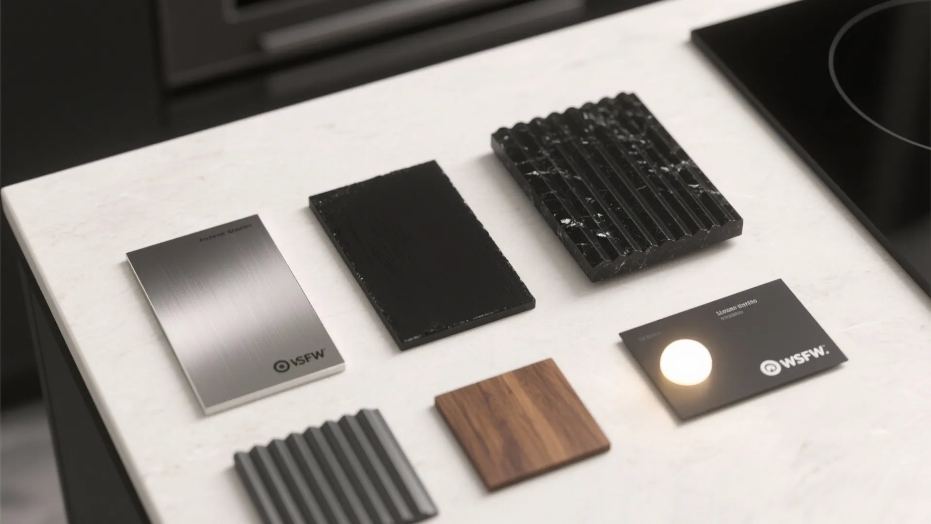 Flatlay of stainless, low-sheen black, honed quartz, wood and fluted veneer samples for kitchen finishes.