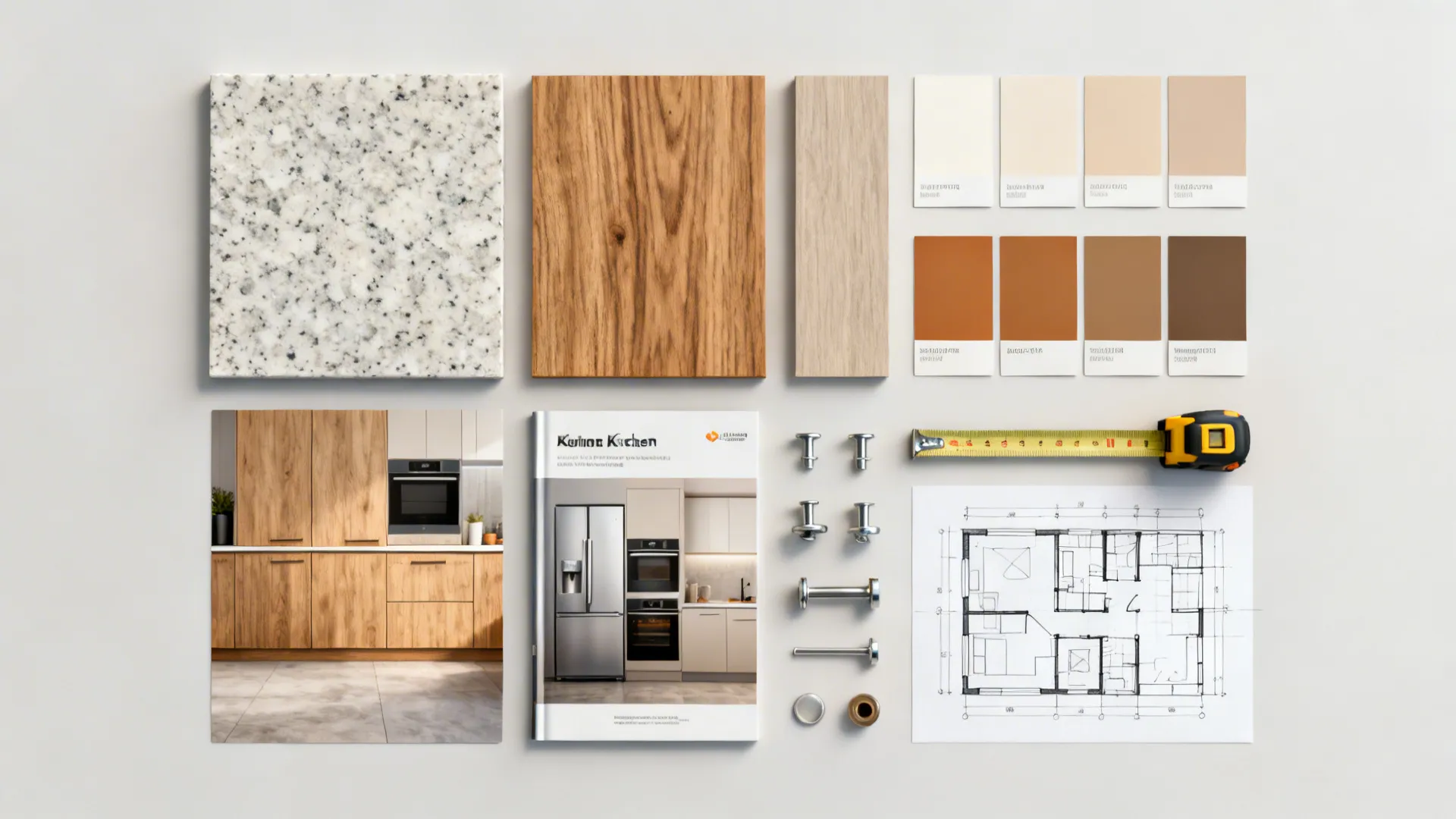 Flatlay of countertop, cabinet, and paint samples plus a small floor plan for a 10x10 kitchen remodel.