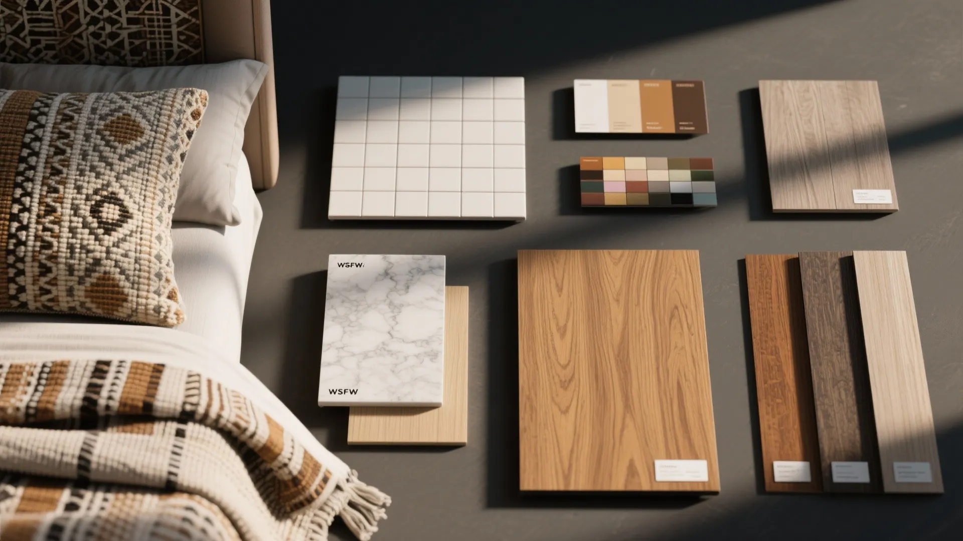 Interior design material samples showing wood panels, marble slab, white tiles, and colorful floor swatches
