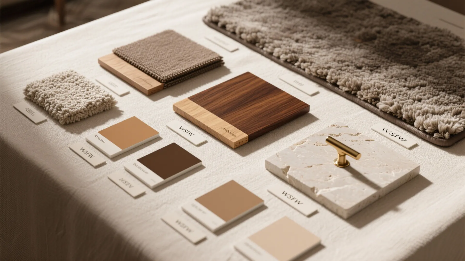 Flatlay of walnut, boucle, wool, limestone, and brass forming a warm neutral palette.