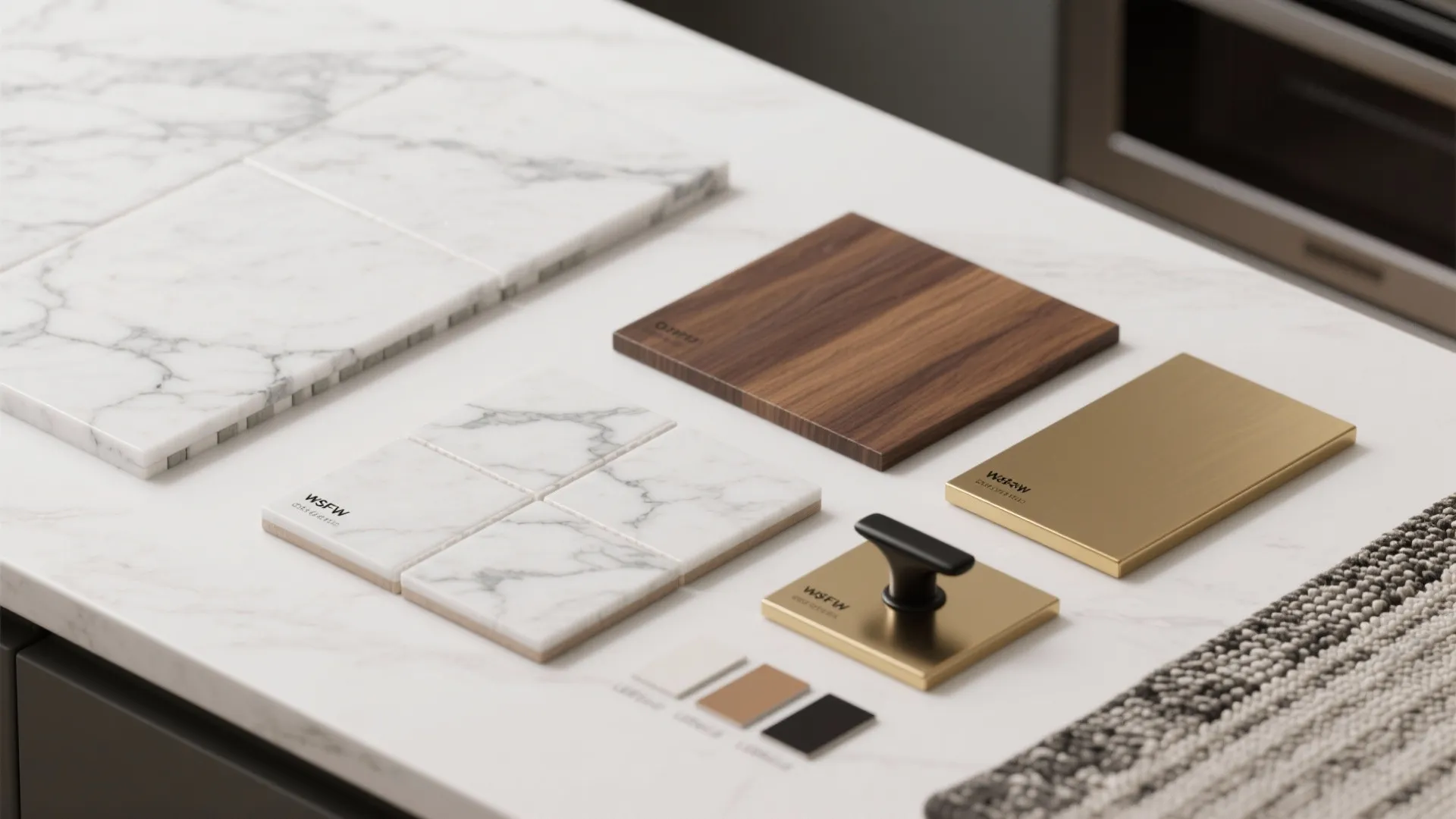 Interior design material samples including white marble tiles wood panel gold metal and a black handle