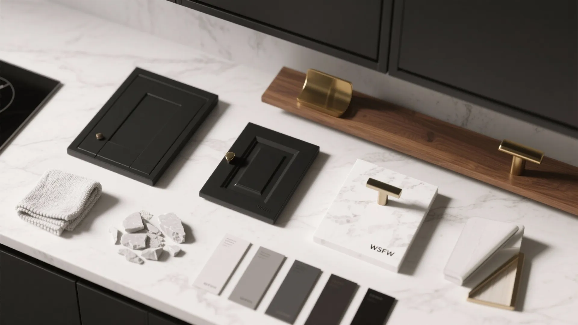 Flatlay of matte black cabinet sample, oak shelf, brass and satin nickel hardware, and countertop swatch