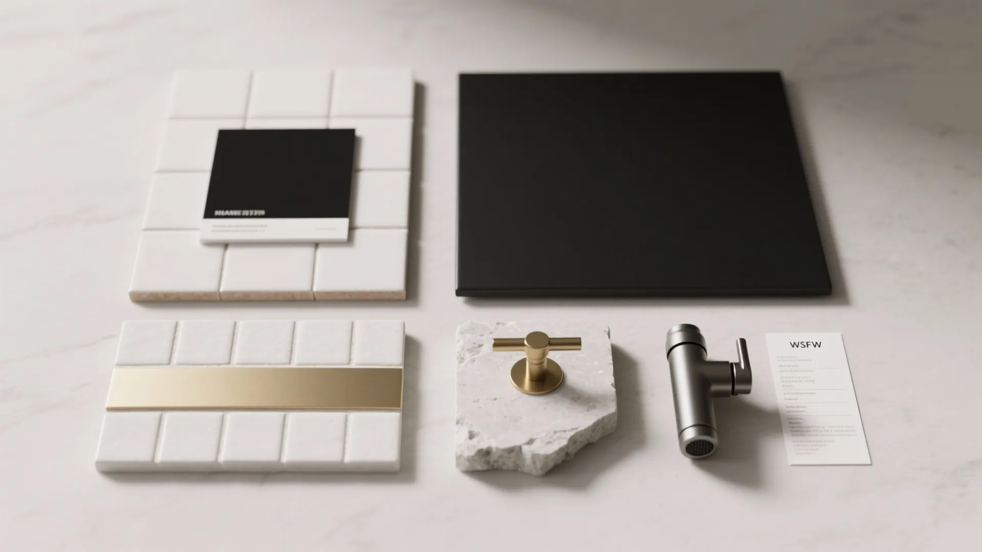 Interior design materials including white tiles black boards gold handles and stone on marble surface