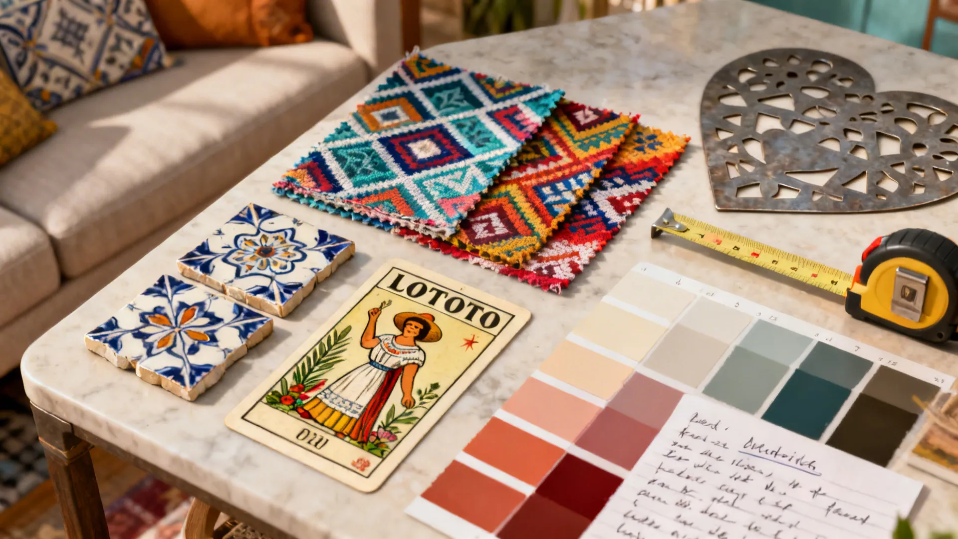 Flatlay of Talavera tile chips, Otomi swatches, papel picado metal sample, Lotería print and paint chips.