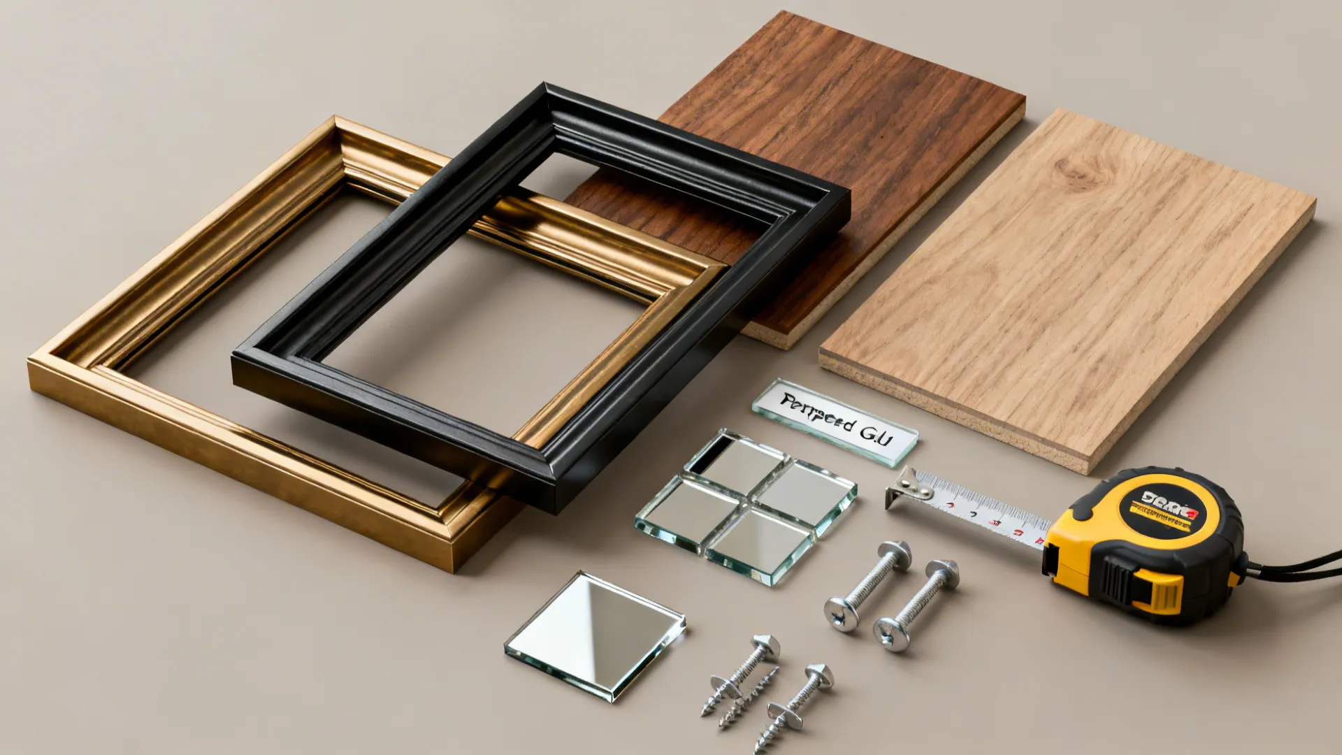 Flatlay of frame finishes, wood samples, tempered glass label and installation hardware for mirror projects.