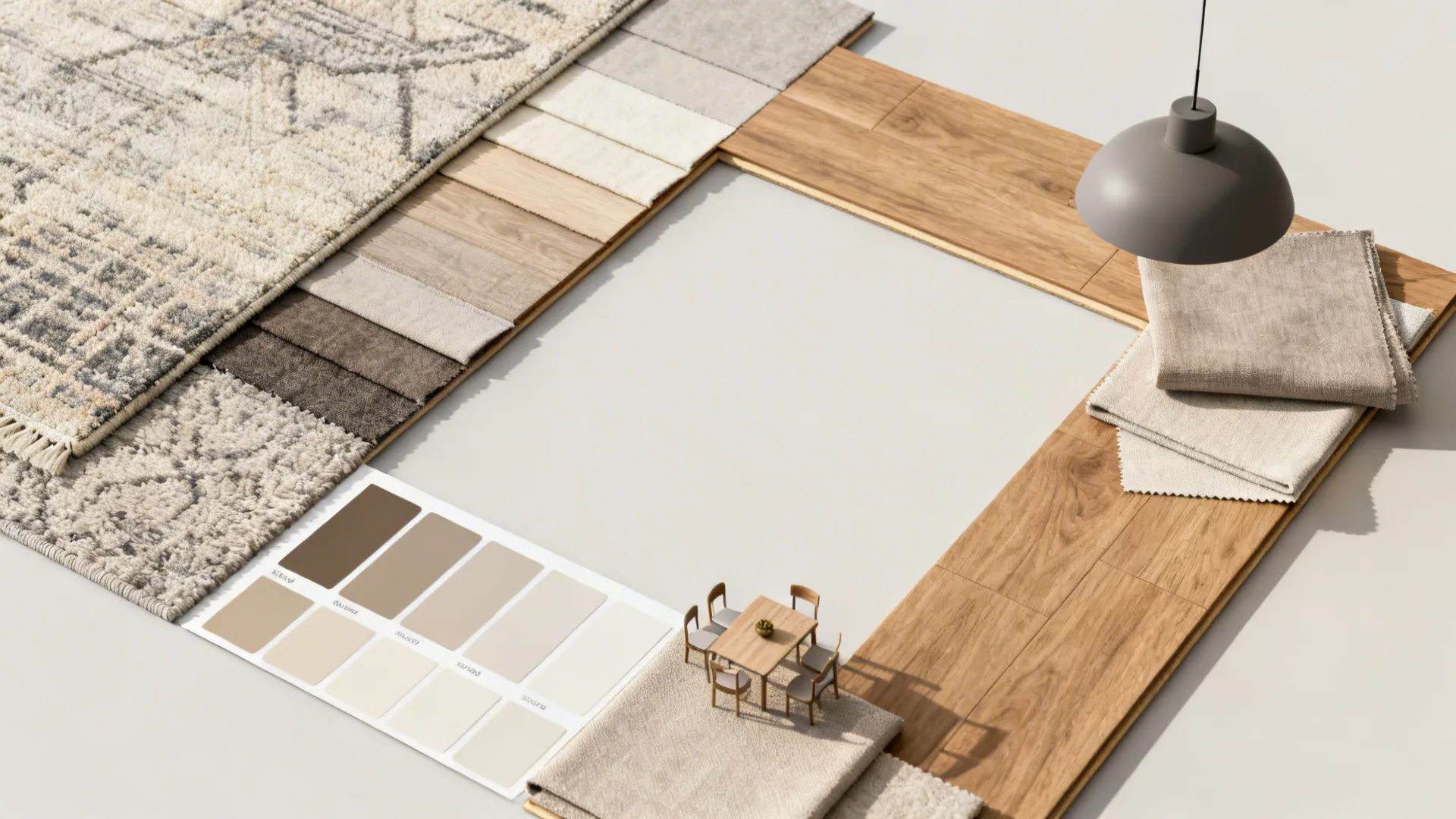 Material flatlay with rug swatches, paint chips, and wood samples for an L-shaped layout.