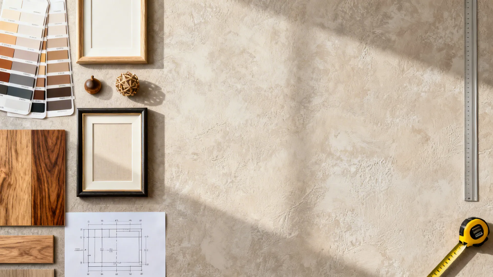 Top-down moodboard flatlay of color swatches, wood samples and framing options for a living room wall.