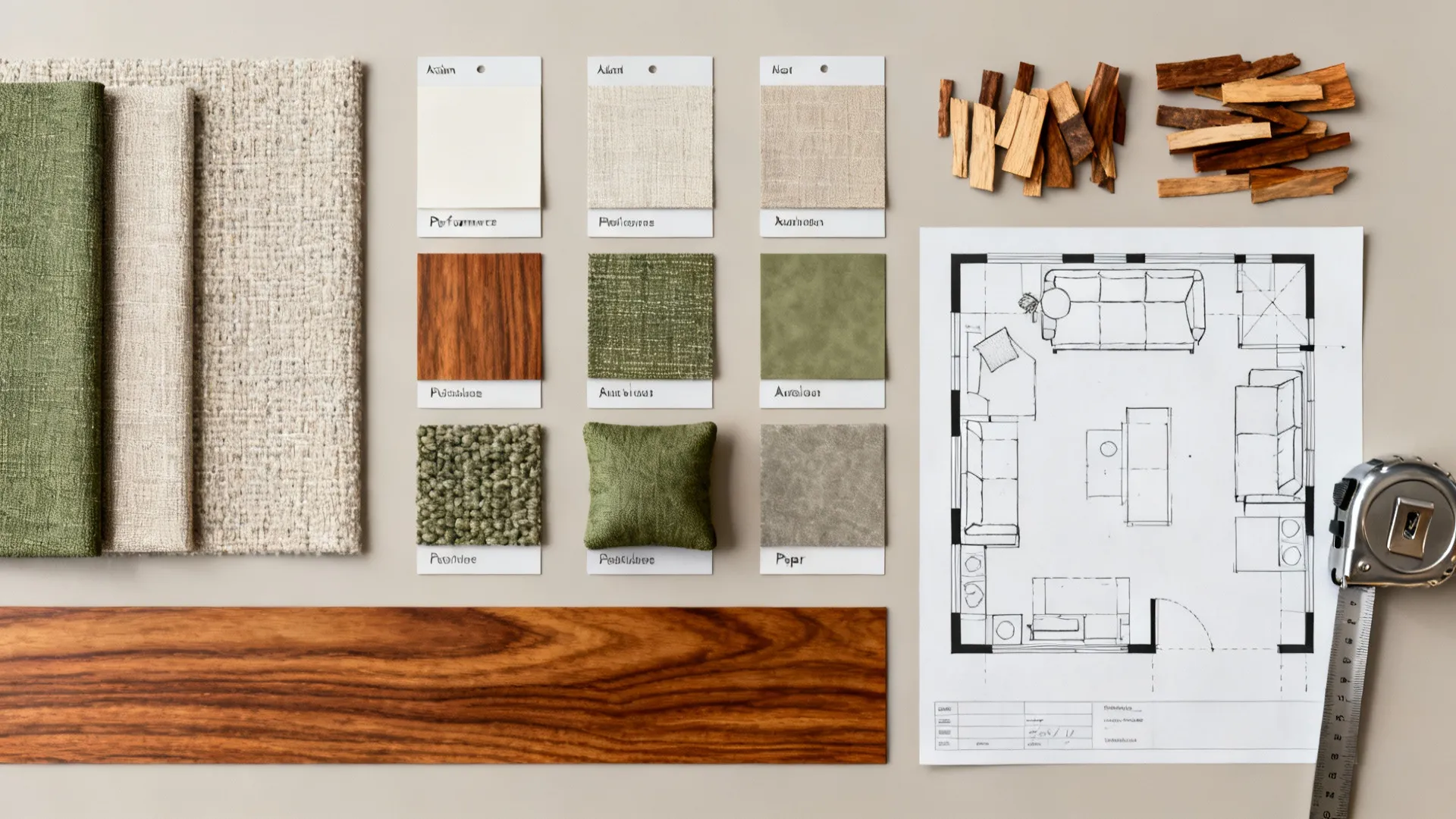 Flatlay of fabric swatches, wood samples, tape measure and floor planner sketch for narrow living room design.