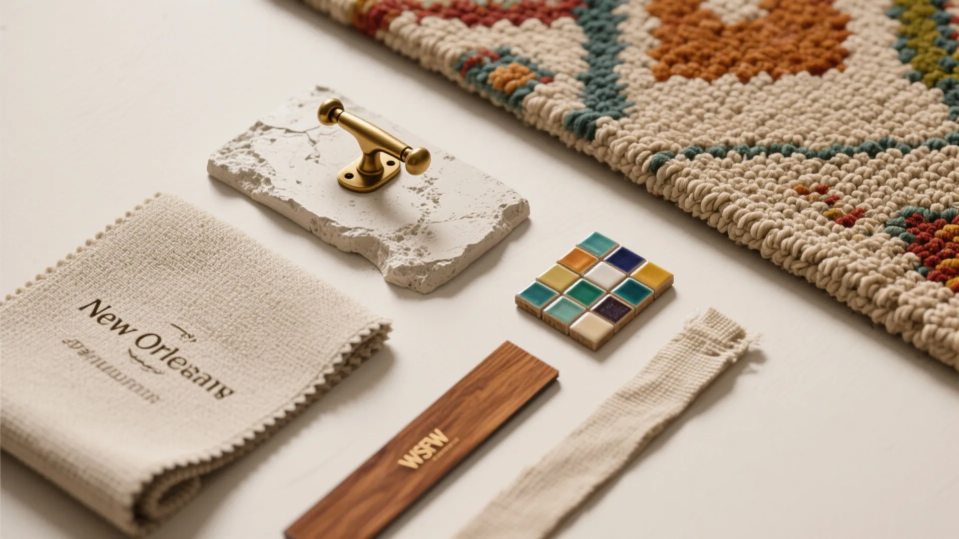 Interior design material board with fabric samples brass hook stone piece colorful tiles and wood piece