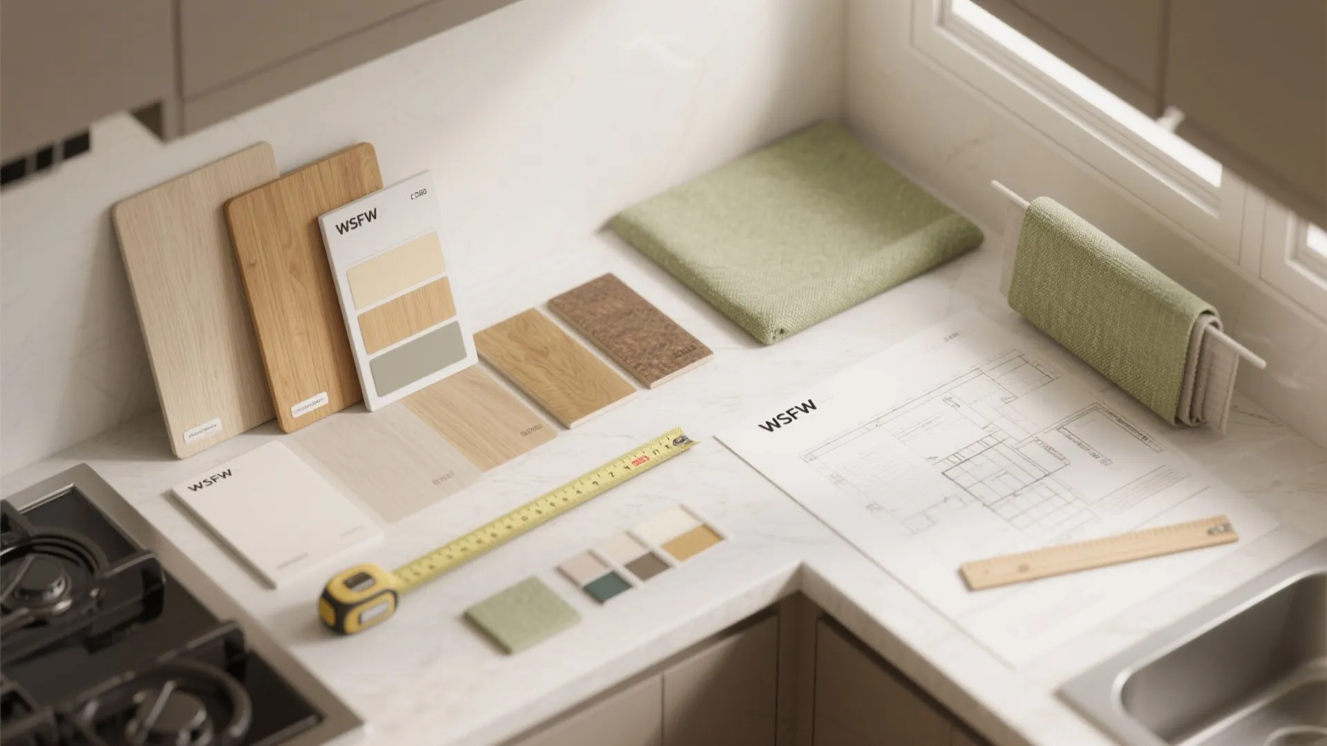 Kitchen counter with wood samples, color swatches, floor plan drawing, measuring tape, fabric, and ruler