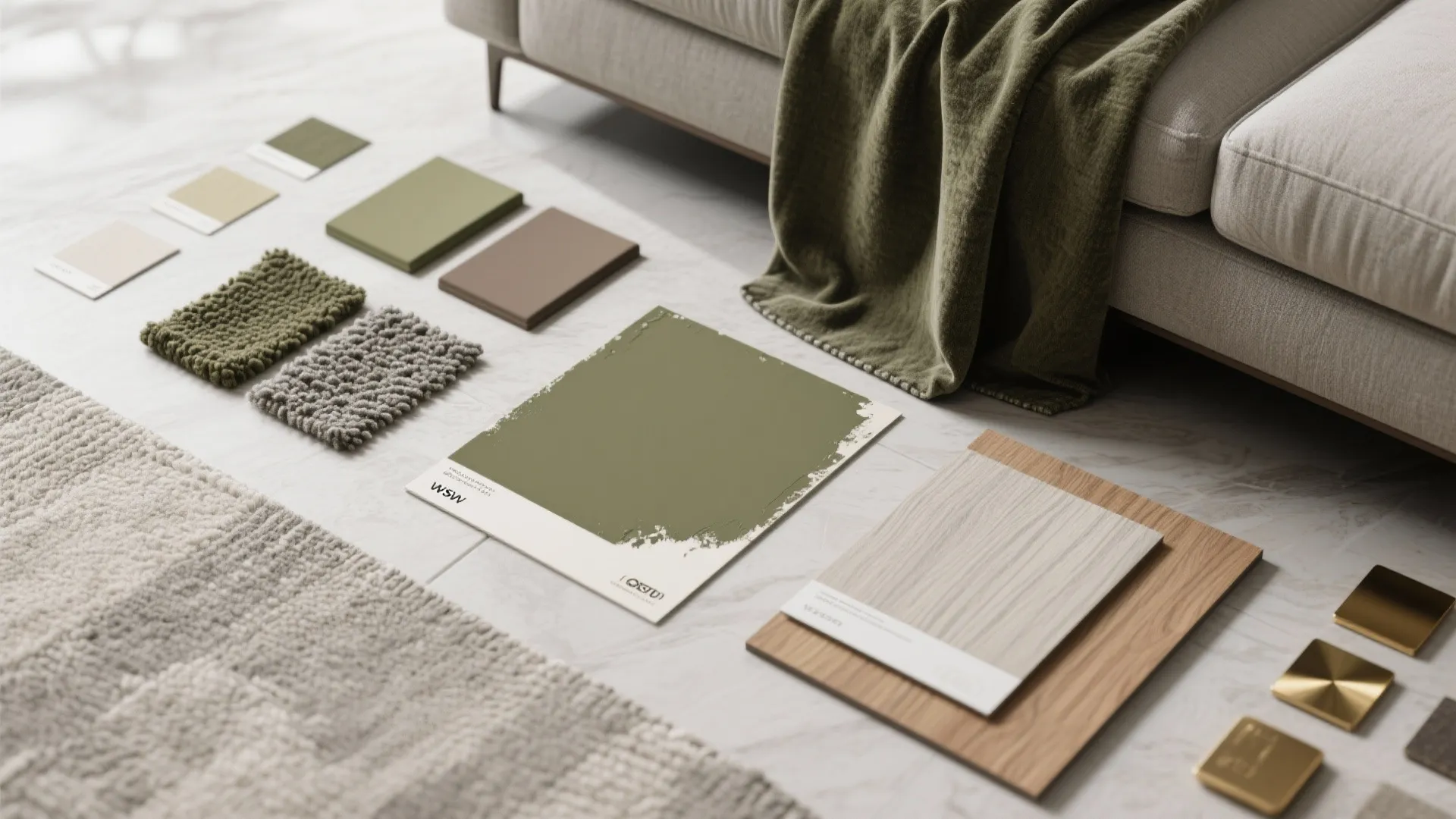 Flatlay of paint chips, fabric swatches, wood and brass samples for olive and grey living room planning.