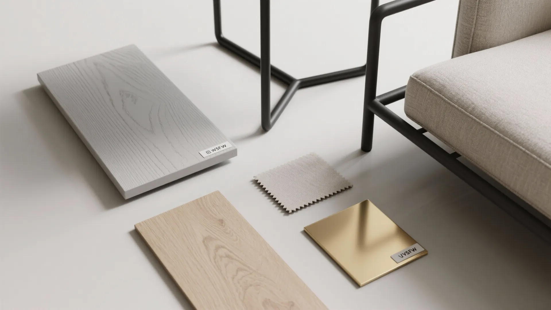 5. Mix Materials: Pale Grey Wood, Metal, and Upholstery