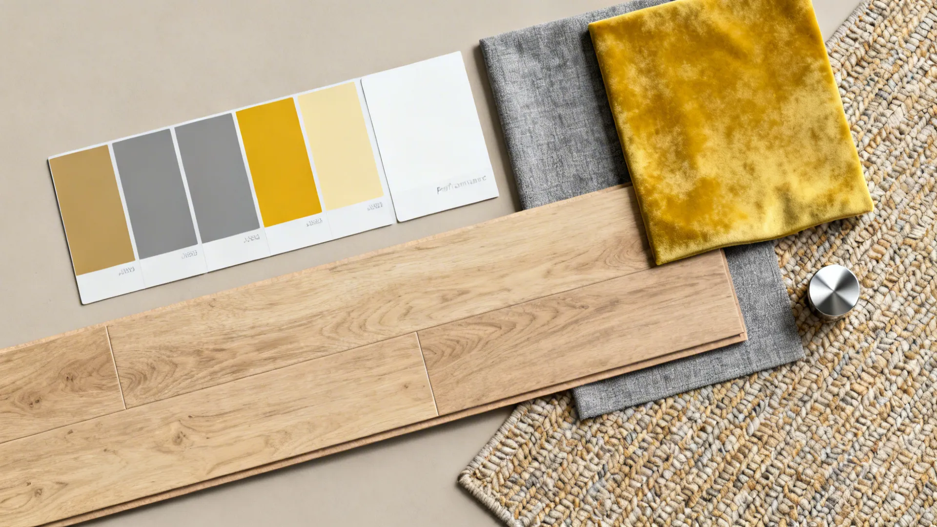 Top-down material flatlay with grey, white and saffron yellow swatches and fabric samples