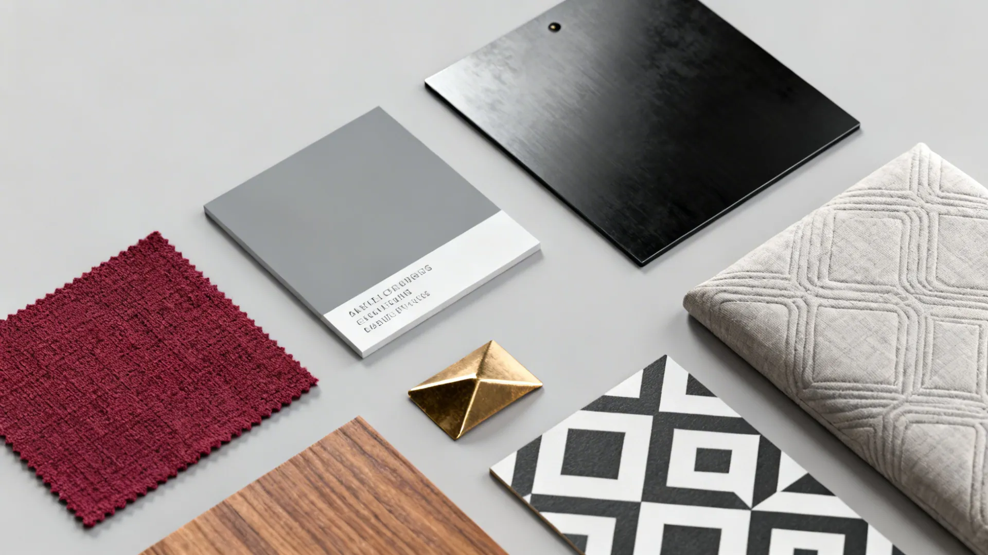 Interior design material samples including red fabric wood grey tile black panel and patterned tiles
