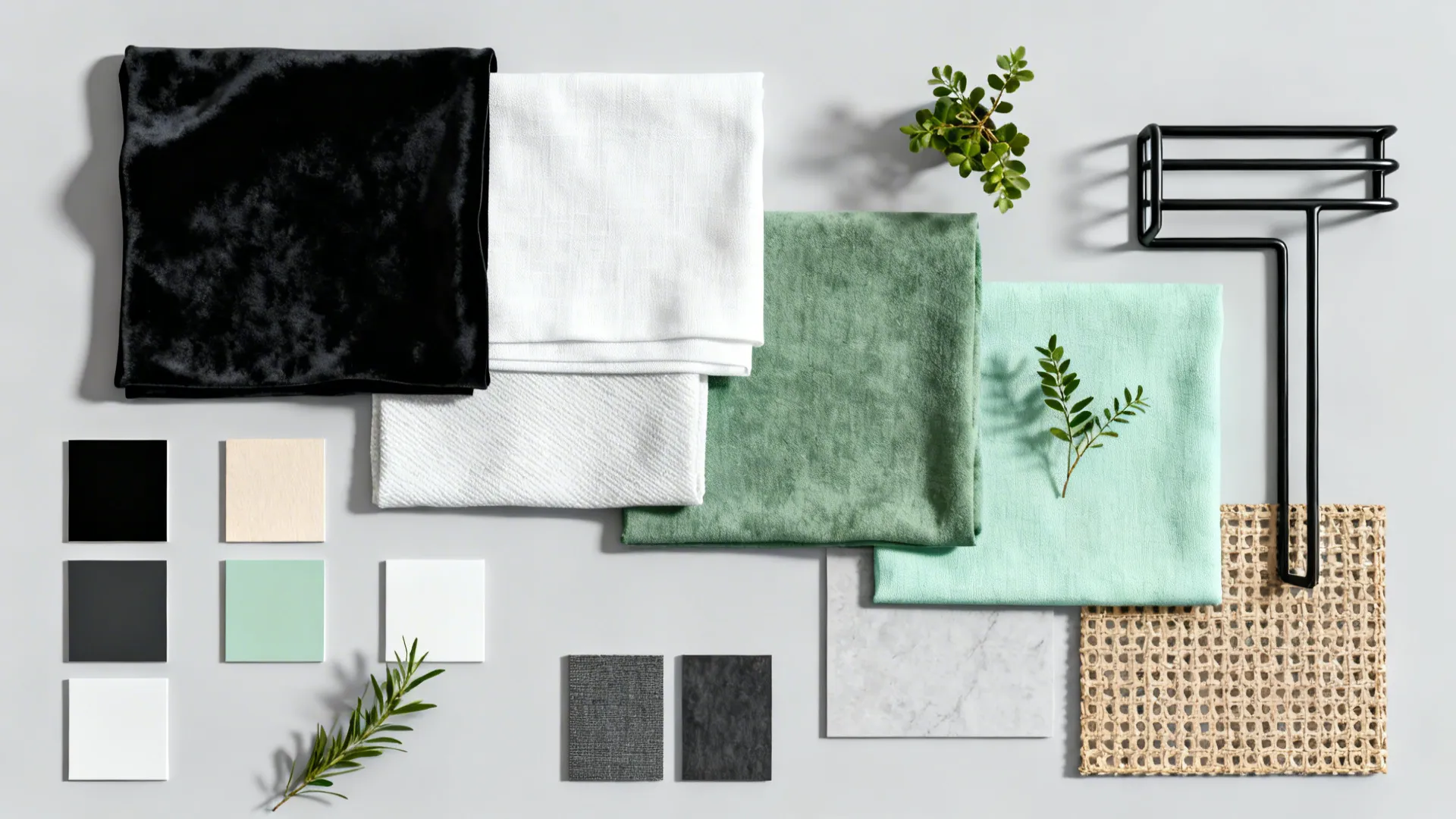 Top-down flatlay of fabric swatches, paint chips and plant cuttings for a black-white-green palette