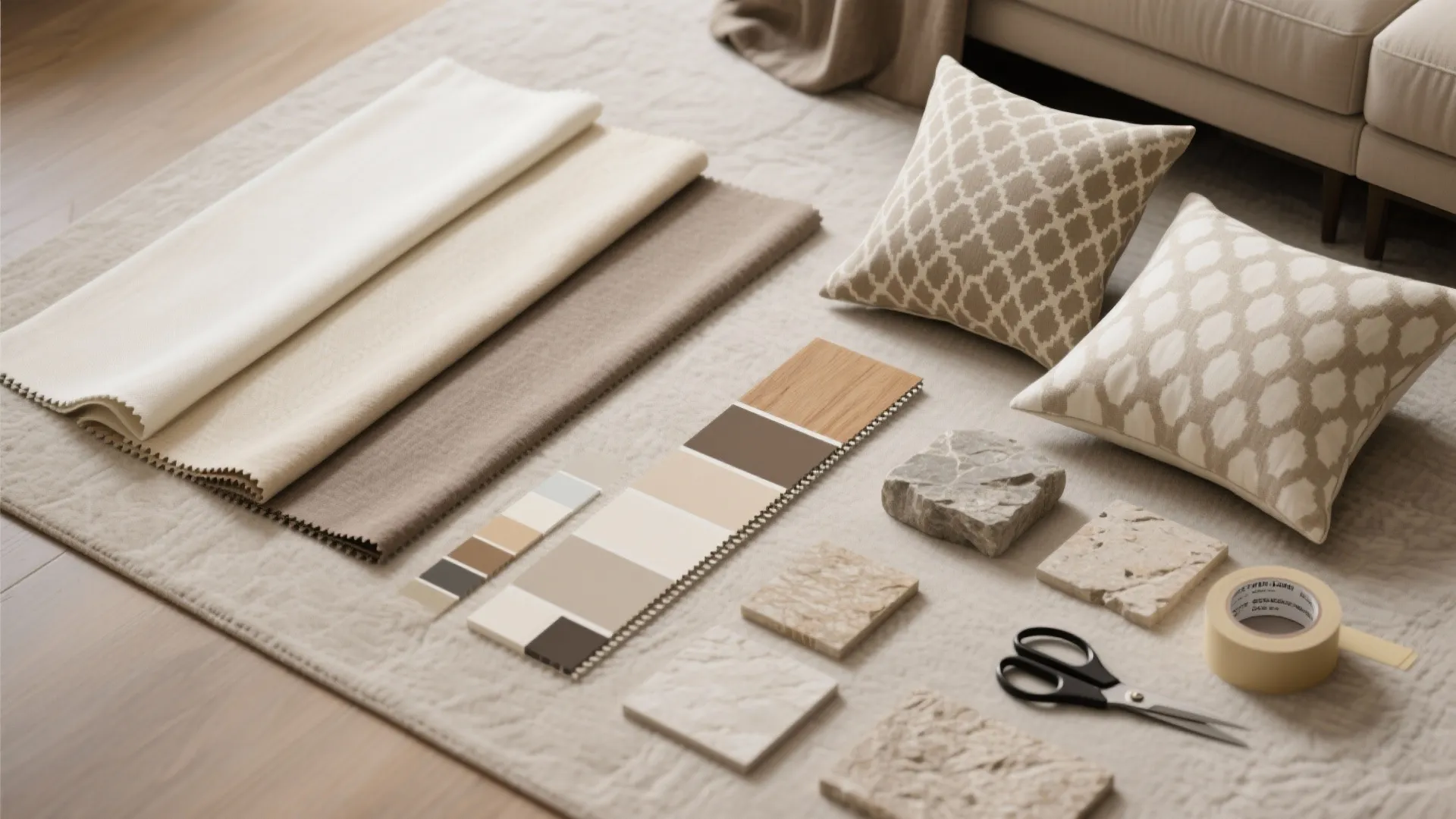 Flatlay of neutral fabric swatches, patterned cushions and material samples for a living room.