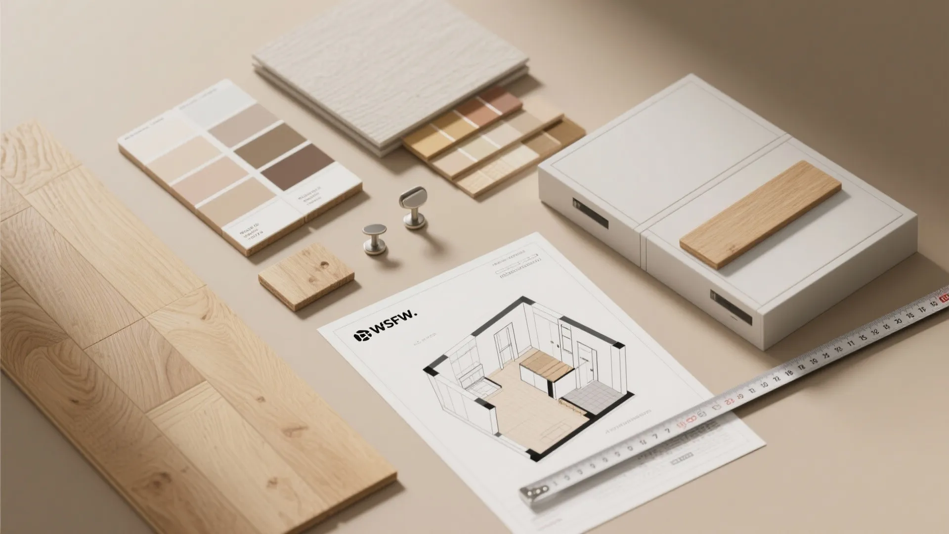 Flatlay of paint swatches, flooring samples and a 3D floor-plan for small-home planning
