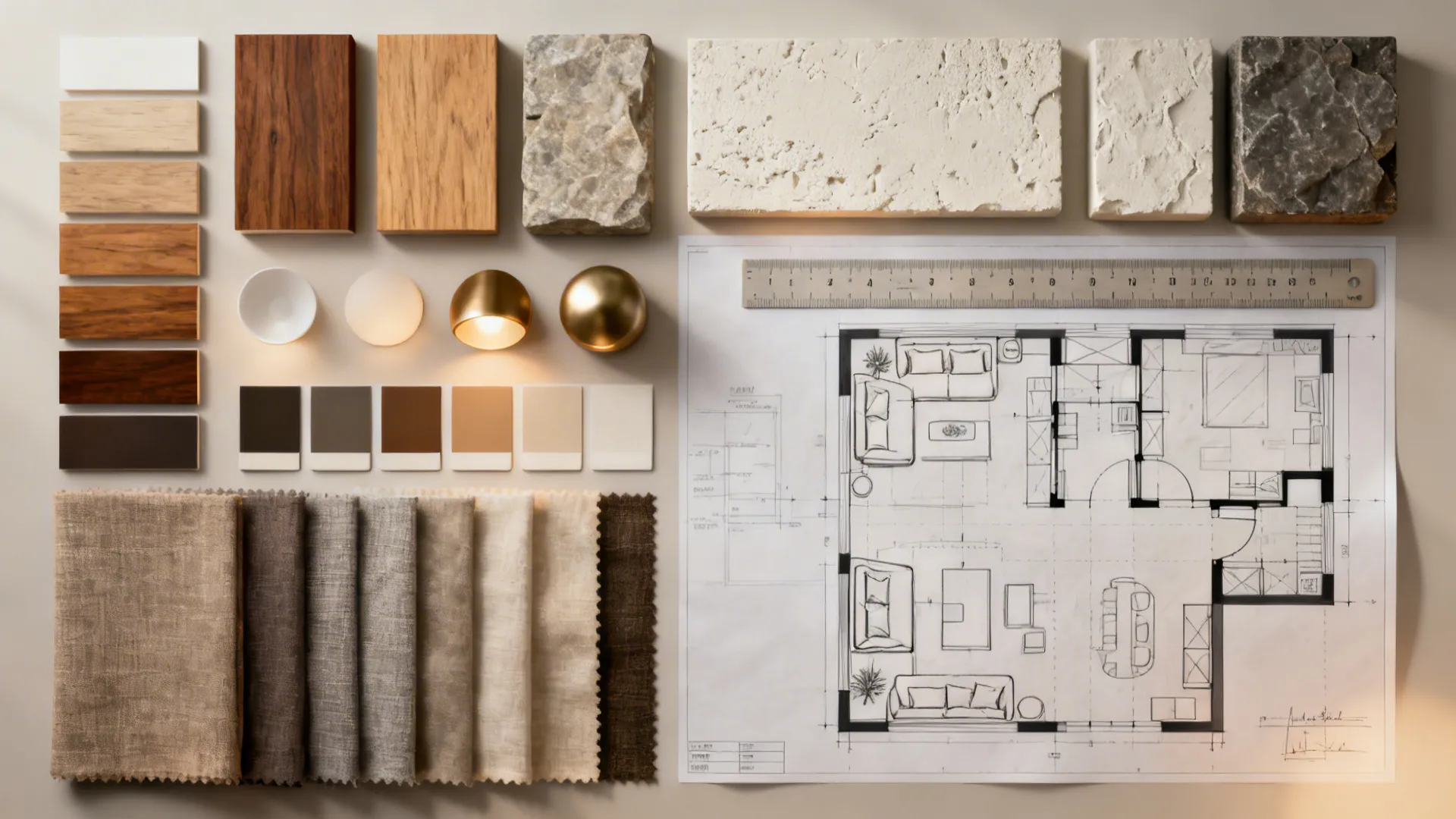 Material and finish flatlay with wood, stone, fabric swatches and floorplan for two-story living room